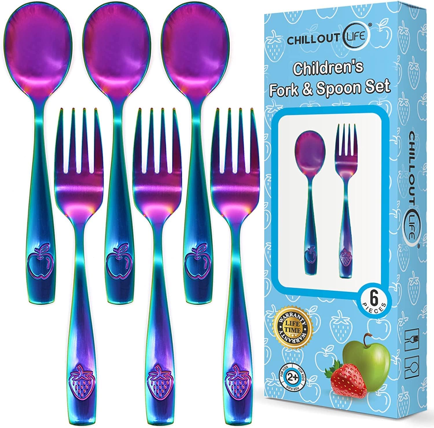 CHILLOUT LIFE 6 Piece Stainless Steel Kids Silverware Set - Child and Toddler Safe Flatware - Kids Utensil Set - Metal Kids Cutlery Set (Includes 3 Small Kids Spoons & Kids 3 Forks, UV Rainbow)