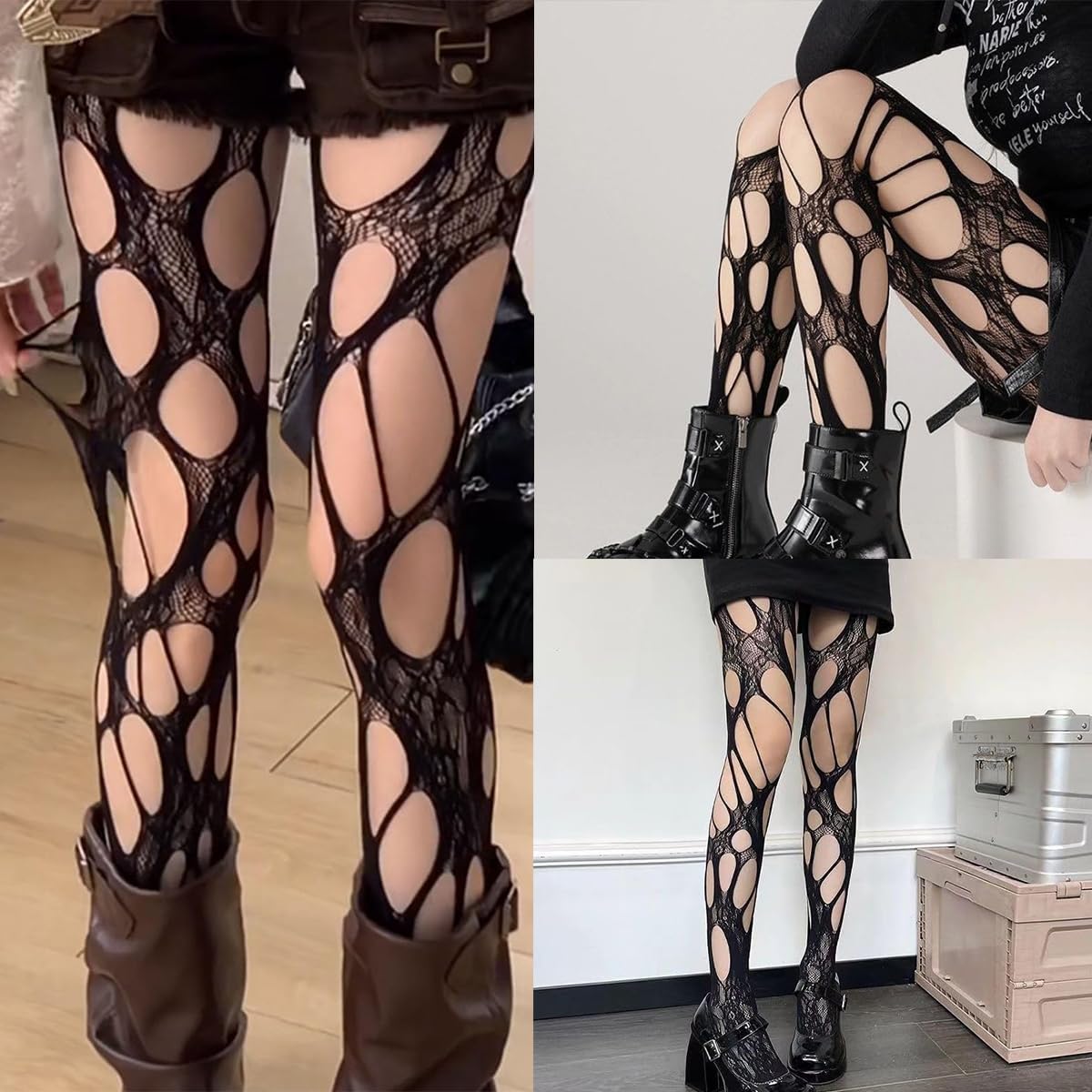 Women's Ripped Fishnet Stockings Tights Gothic Irregular Hole Design Black Hollow Out Mesh Tights Stockings Y2k Lace Pantyhose for Halloween Cosplay Party Accessories