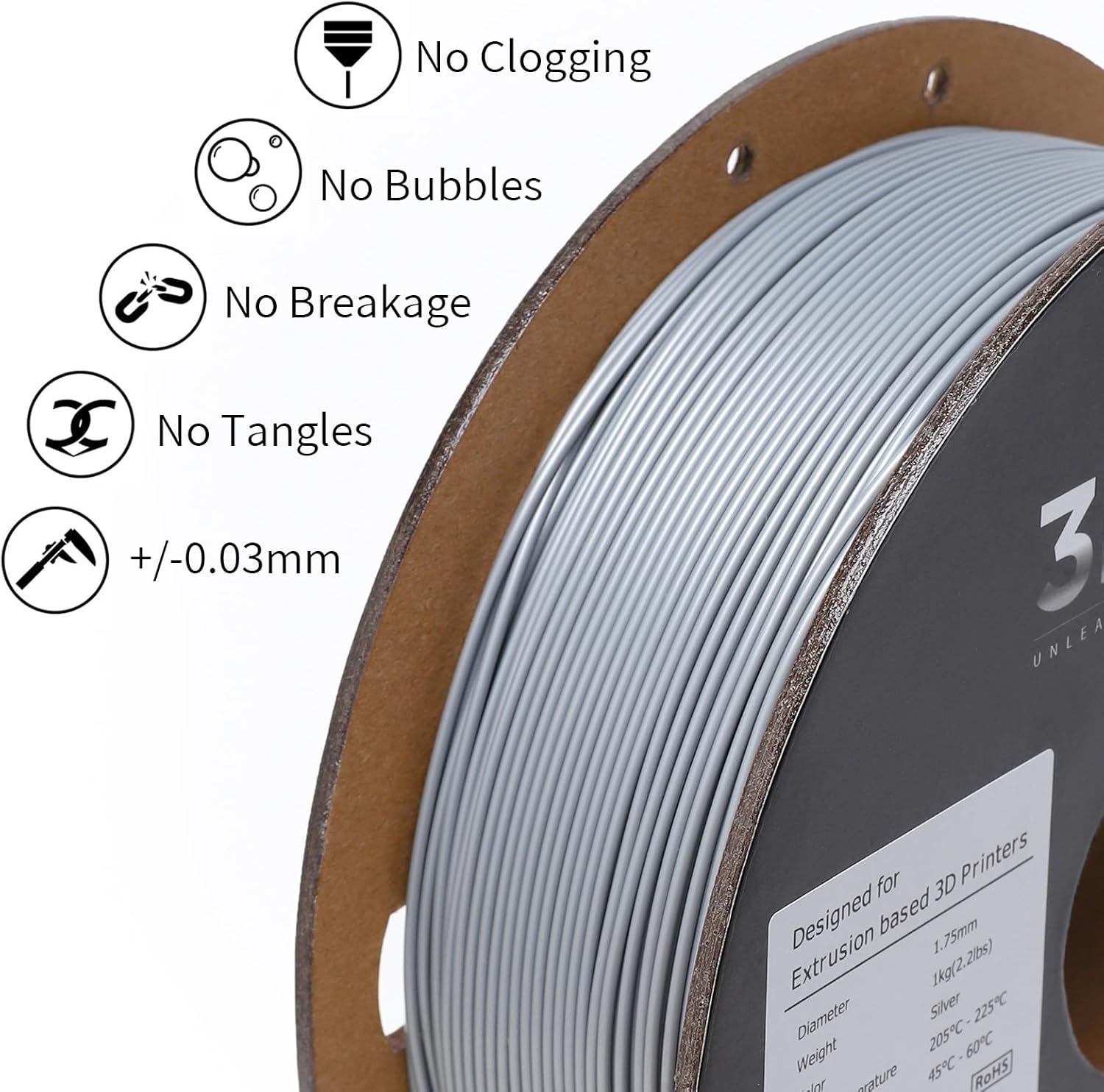 INLAND High Speed PLA+ 3D Printing Filament 1.75mm - Fast Printing PLA Pro Dimensional Accuracy +/- 0.03 mm - 1kg Cardboard Spool (2.2 lbs) (1 Pack Silver)