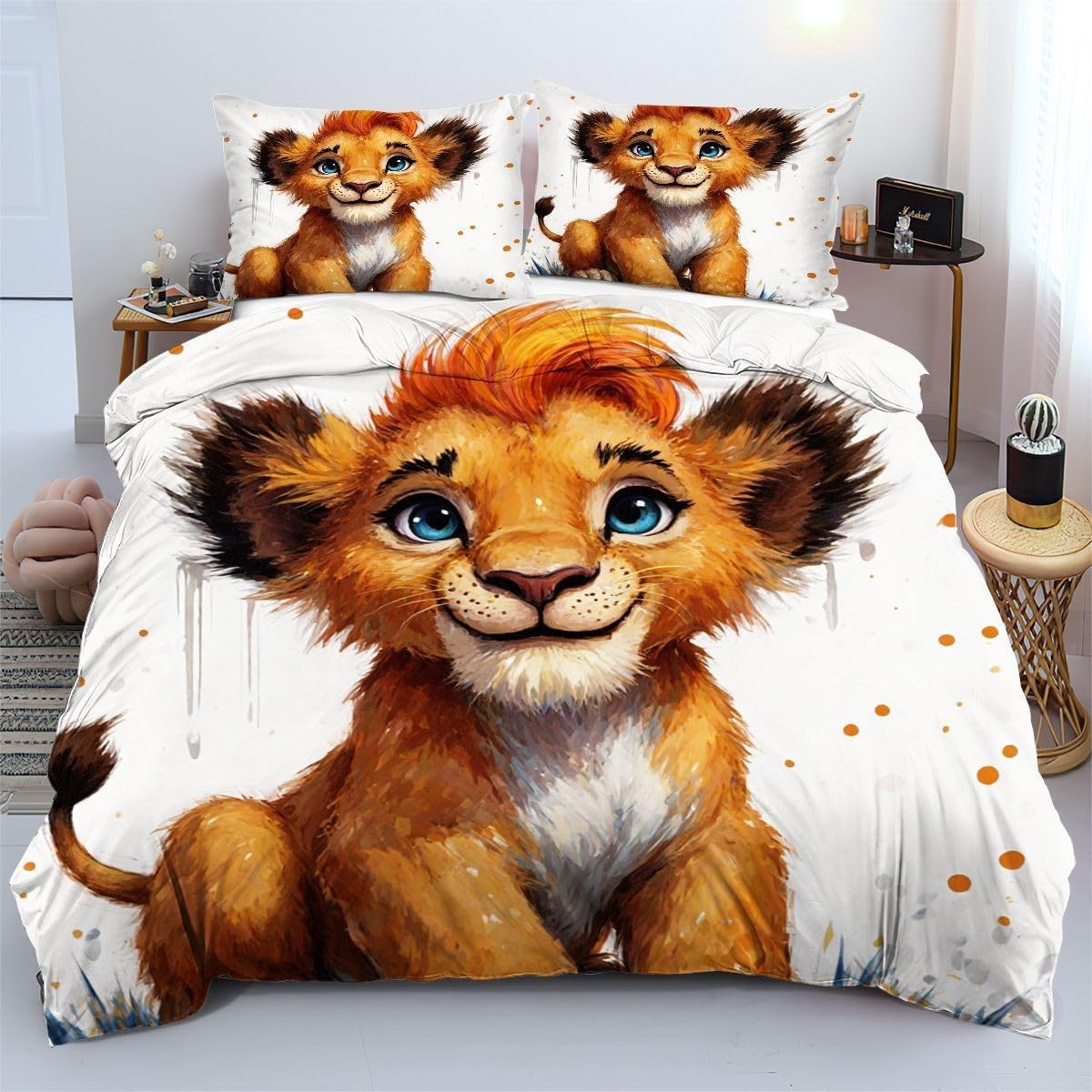 Housse de couette 90x190 lion orange facile à laver sans repassage pour enfant