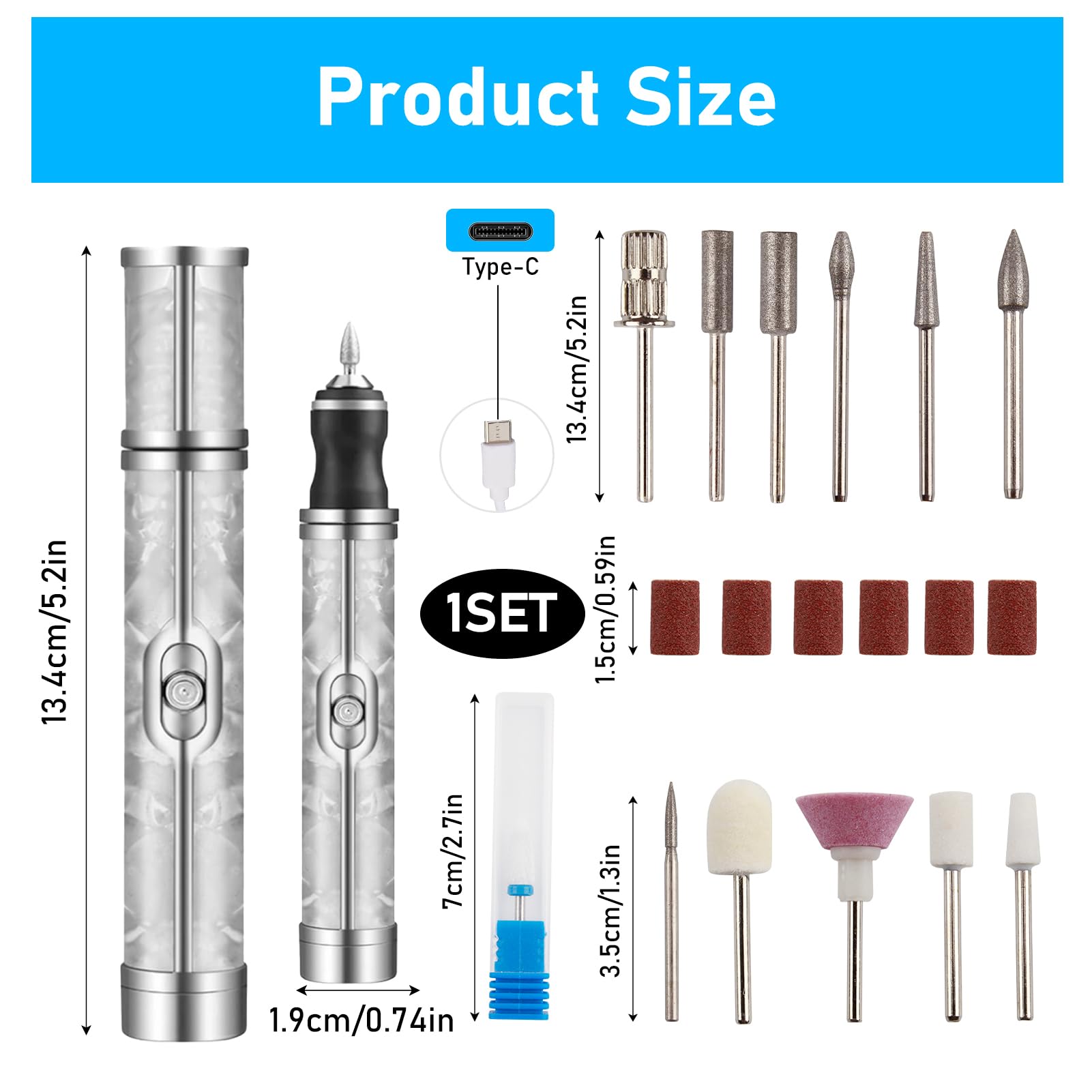 Electric Nail File for Thick Toe Nails with 18 Grinding Heads 20000RPM 4 Adjustable Speed Quiet Portable Rechargeable E File for Gel/Acrylic Nails Hard Cuticles Home Travel Use - Image 2