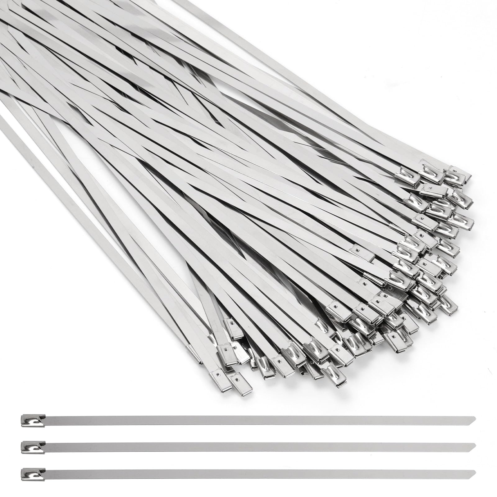 Swpeet 100Pcs 400mm/15.7 inch 304 Stainless Steel Zip Ties Assortment Kit, Multifunctional Metal Zip Ties, Heavy Duty Self-Locking Cable Ties for Machinery, Vehicles, Farms, Cables, Pipes, Fence