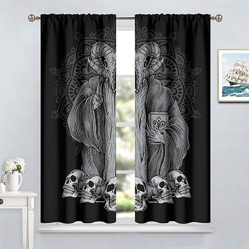 Vista 383 de Cortinas de cabeza de cabra, misteriosa cabeza de cabra malvada, calavera negra, bolsillo para barra, cortinas opacas para ventana, juego de 2