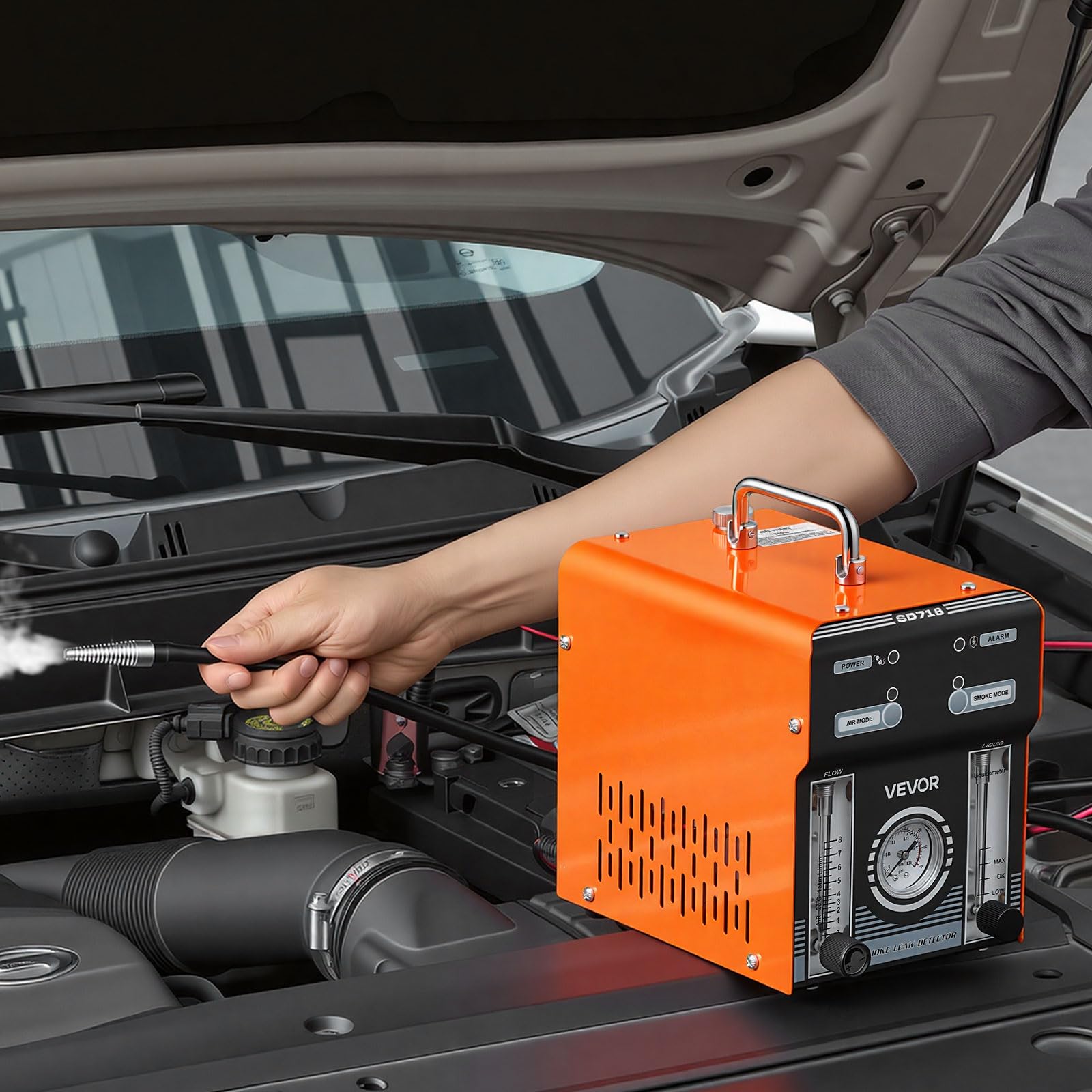 VEVOR Macchina Rilevatore di Perdite di Fumo EVAP per Auto, Rilevatore di Fumo con Pompa ad Aria Flussometro Manometro di Perdite per Moto Camion, Attrezzi per Rilevamento 1,6 Bar Set di Adattatori