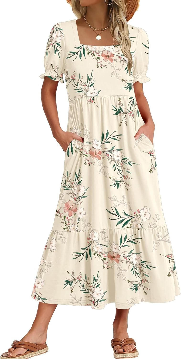 Zeagoo Summer Dresses for Women Flowy Casual Midi Dress Short Sleeve Tiered Dress Beach Vacation Sundresses with Pockets - Image 2