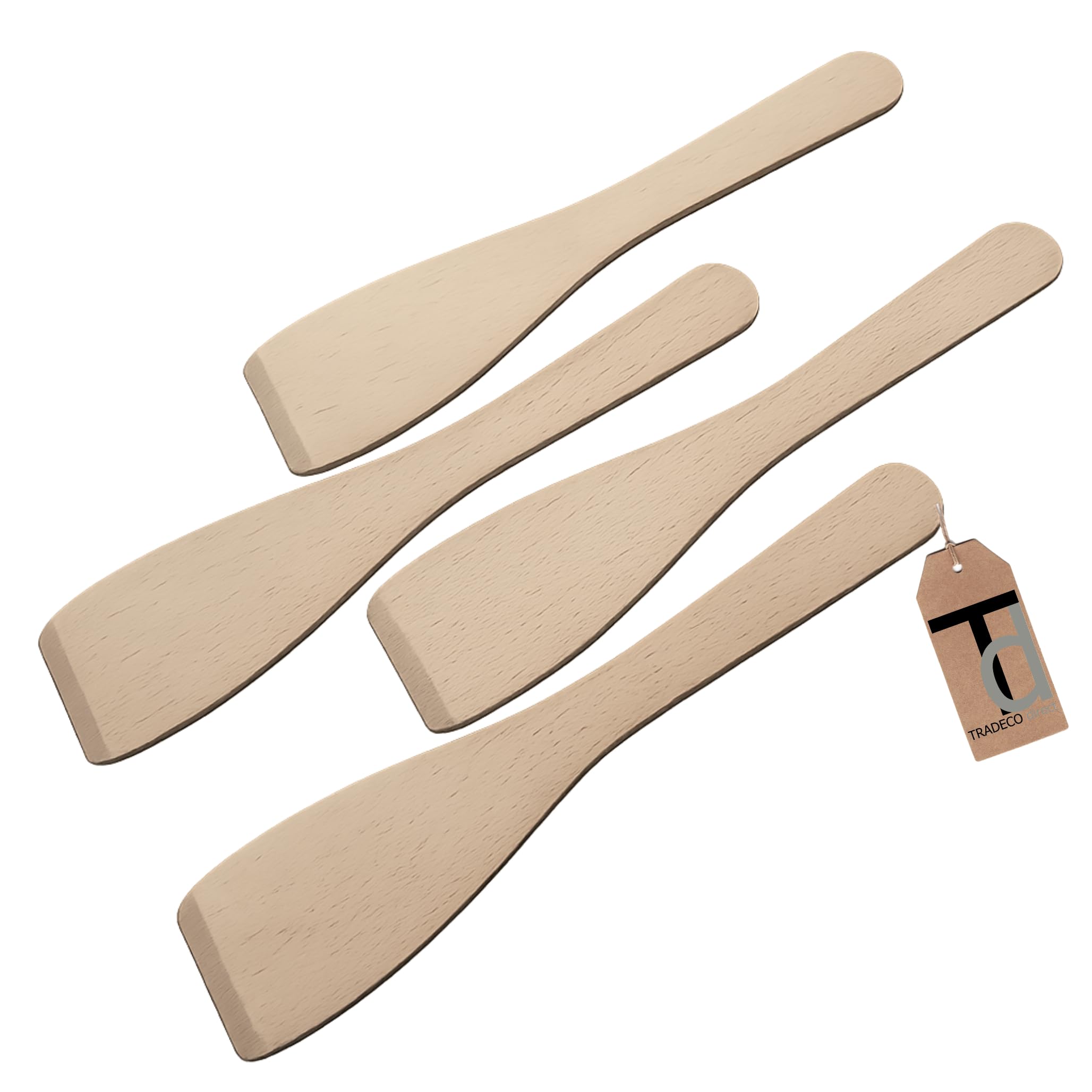 Tradeco Direct Set of 4 Beechwood Wooden Flat Spatulas, 12 Inch (300mm), Hand Finished, Ideal for Cooking, Baking, Decorating, Engraving. Made in The EU