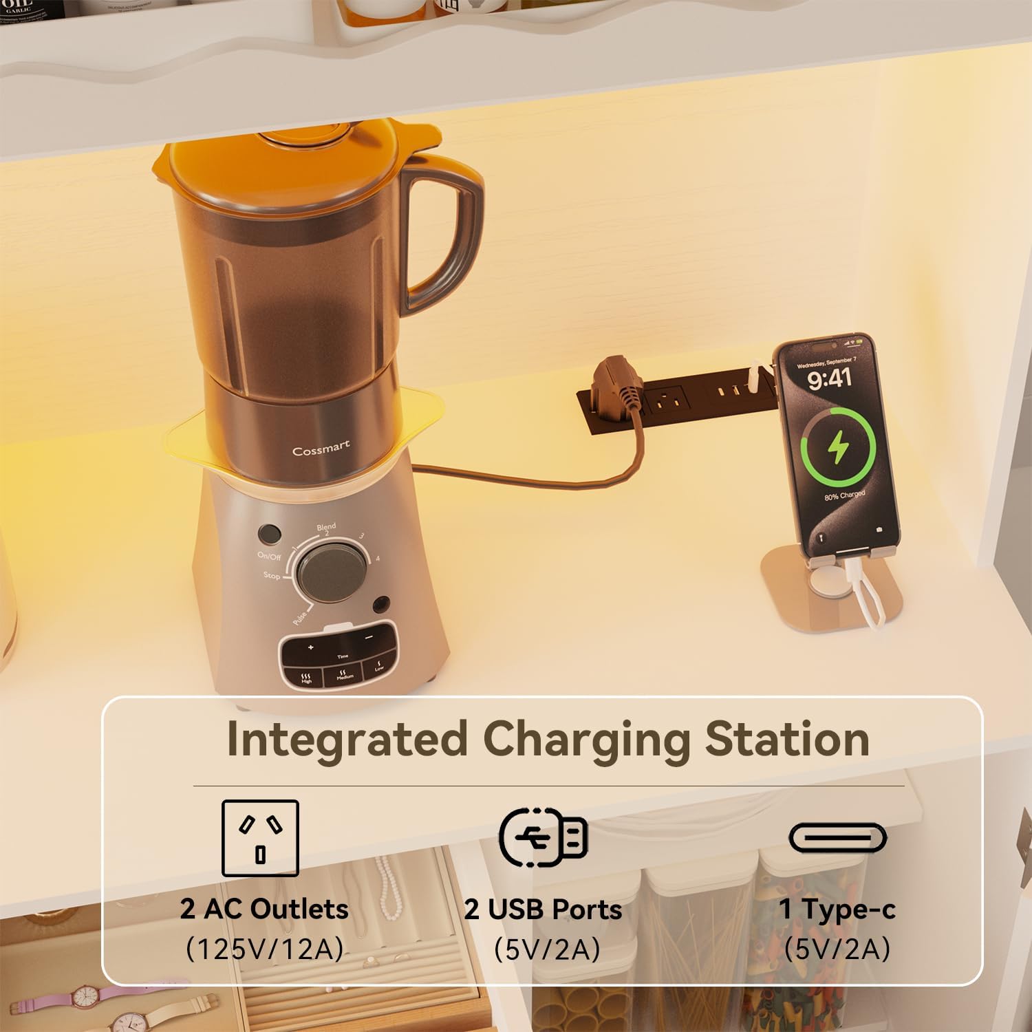 72" Tall Pantry Storage Cabinet with LED Light 55" Wide Kitchen Pantry Cabinet with Charging Station and Adjustable Shelves Modern Kitchen Hutch with Wine Rack and Large Countertop White