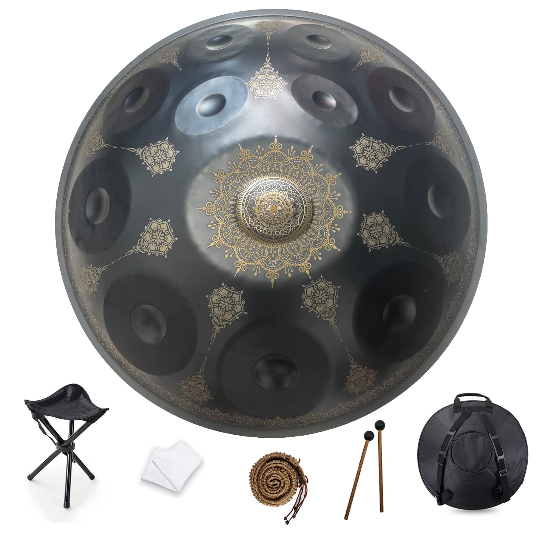 12 Noten 22 Zoll Handpan, d-Moll 432 Hz Stahl Trommel Percussion Instrument, Mandala Musical Performance Handmade Healing Musikinstrument Geschenk Schwarz