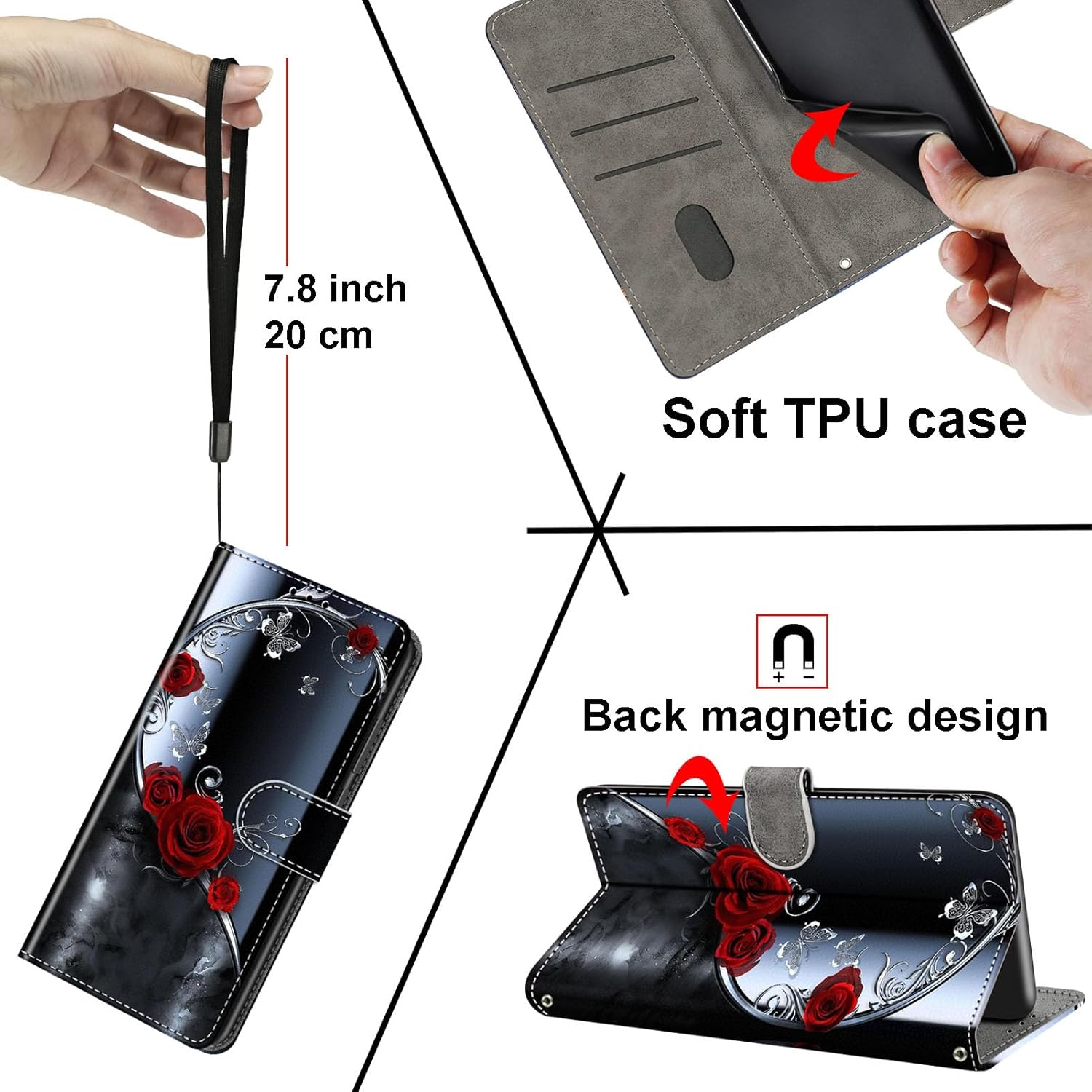 Case Wallet for iPhone Air, [Kickstand] 3 Card Holder Stand [Shockproof TPU Interior Shell], PU Leather Magnetic Protective Flip Cover 6.5", Rose Butterfly - Image 4