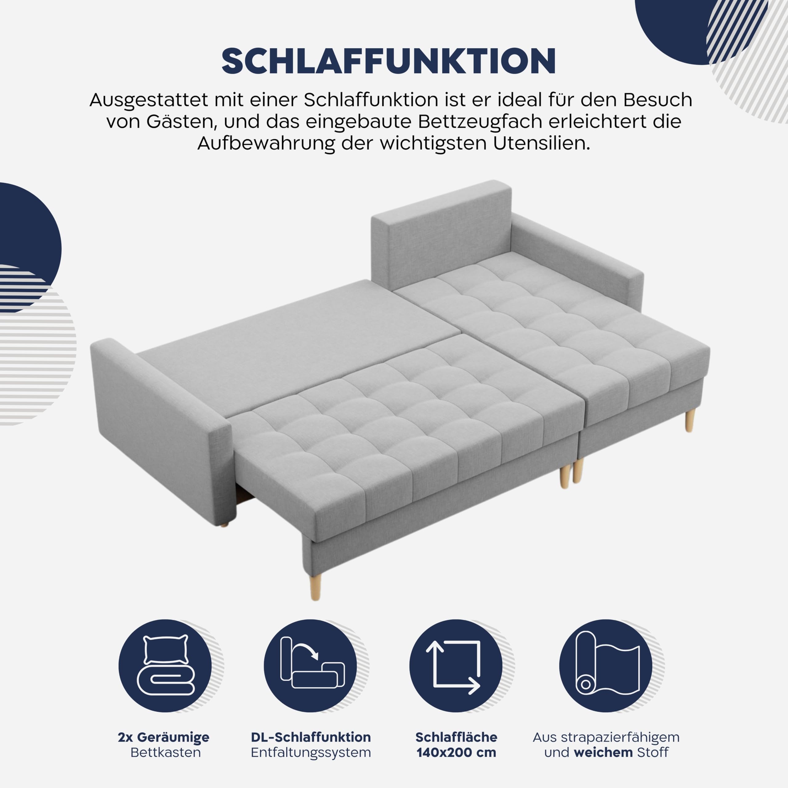 Mebligo - Ecksofa mit Schlaffunktion und Bettkasten Elma, Eckcouch Universelle Seite, Sofa L Form (BxTxH) 223 x 140 x 88 cm, Couch Wohnzimmer, Ecke Sofa, Braun (Lux 2)
