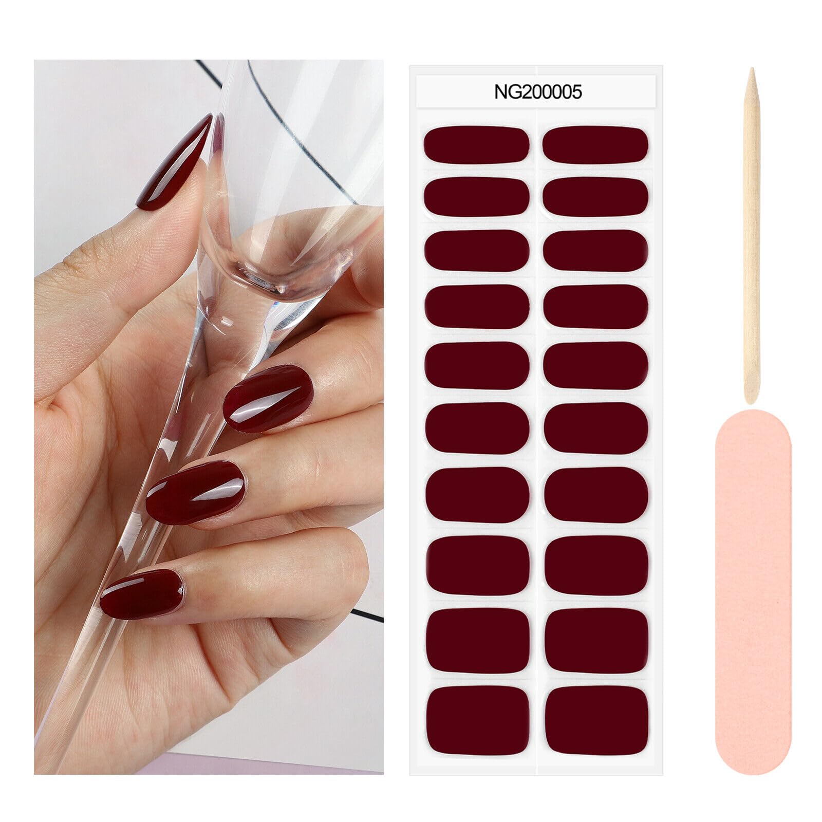 Cazuela Semi-Cured Gel Nail with 1 Wooden Stick + 1 Nail File & Nail Strip, Full Wrap Gel Nail Art Sticker, Waterproof 16PCS Gel Nail Wrap Stickers with Nail File and Sticker (06 Brick Red)