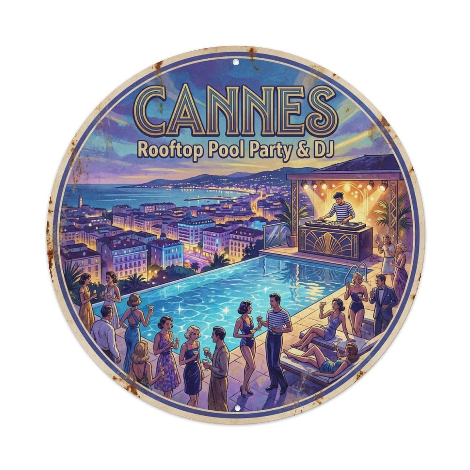 Cannes France Scenic Travel Rooftop Pool Party Glow Metal Tin Sign