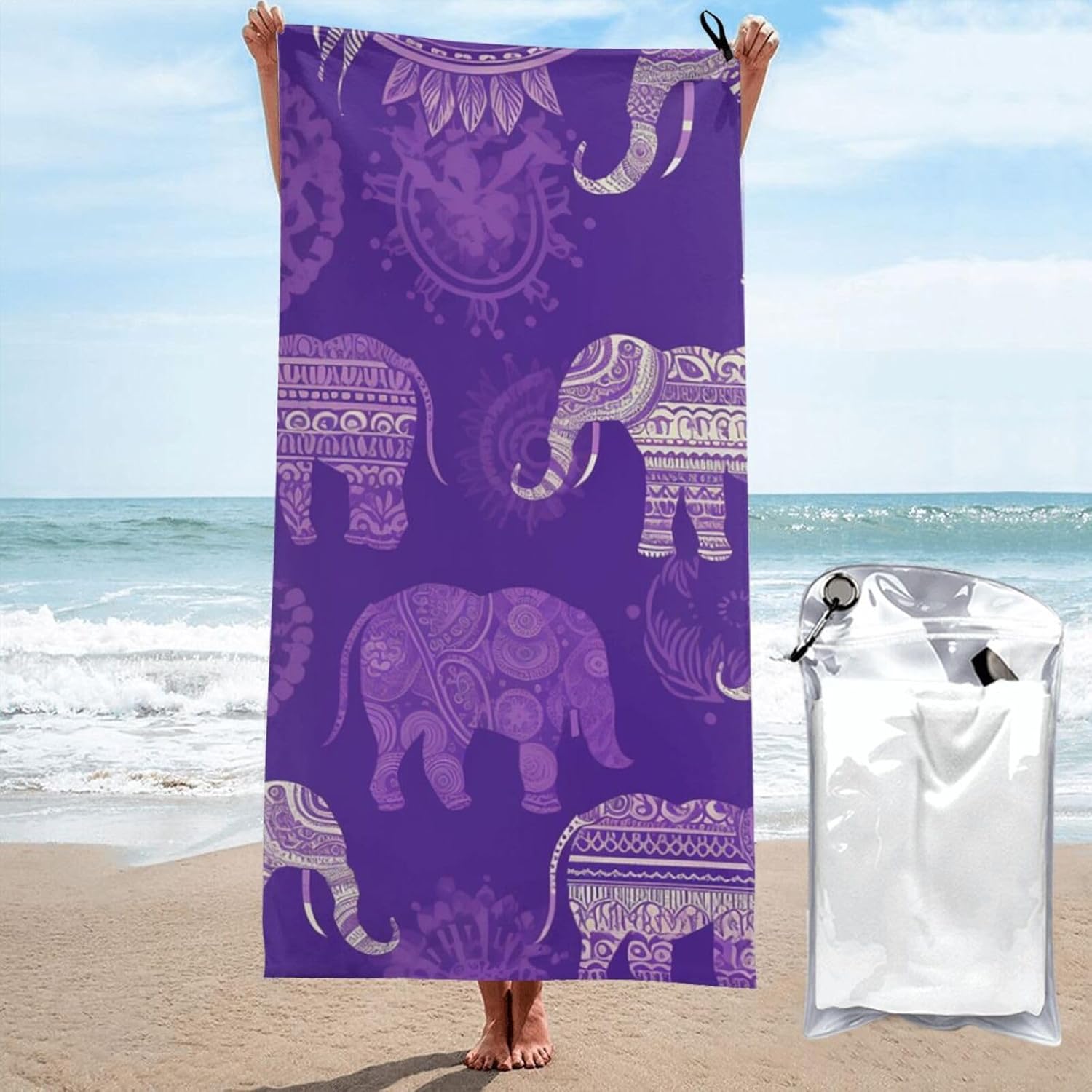 KHiry Microfiber Towel Beach Towels Purple Elephant Quick Dry Towel Soft Lightweight Travel Towels Absorbent Large Easy Pack Travel Things Beach Blanket for Gym Sports Swimming