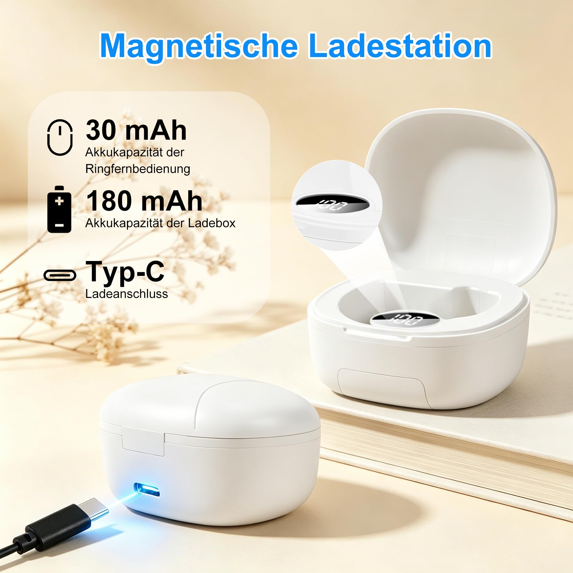 Kabellose Bluetooth-Fernbedienung, TikTok-Scrolling Ring Wiederaufladbarer mit Ladehülle, Remote Kurzvideo, Kamera Auslöser, E-Book PPT Seitenwender, für Smartphone Tablet Zuhause Reisen Büro-Weiß