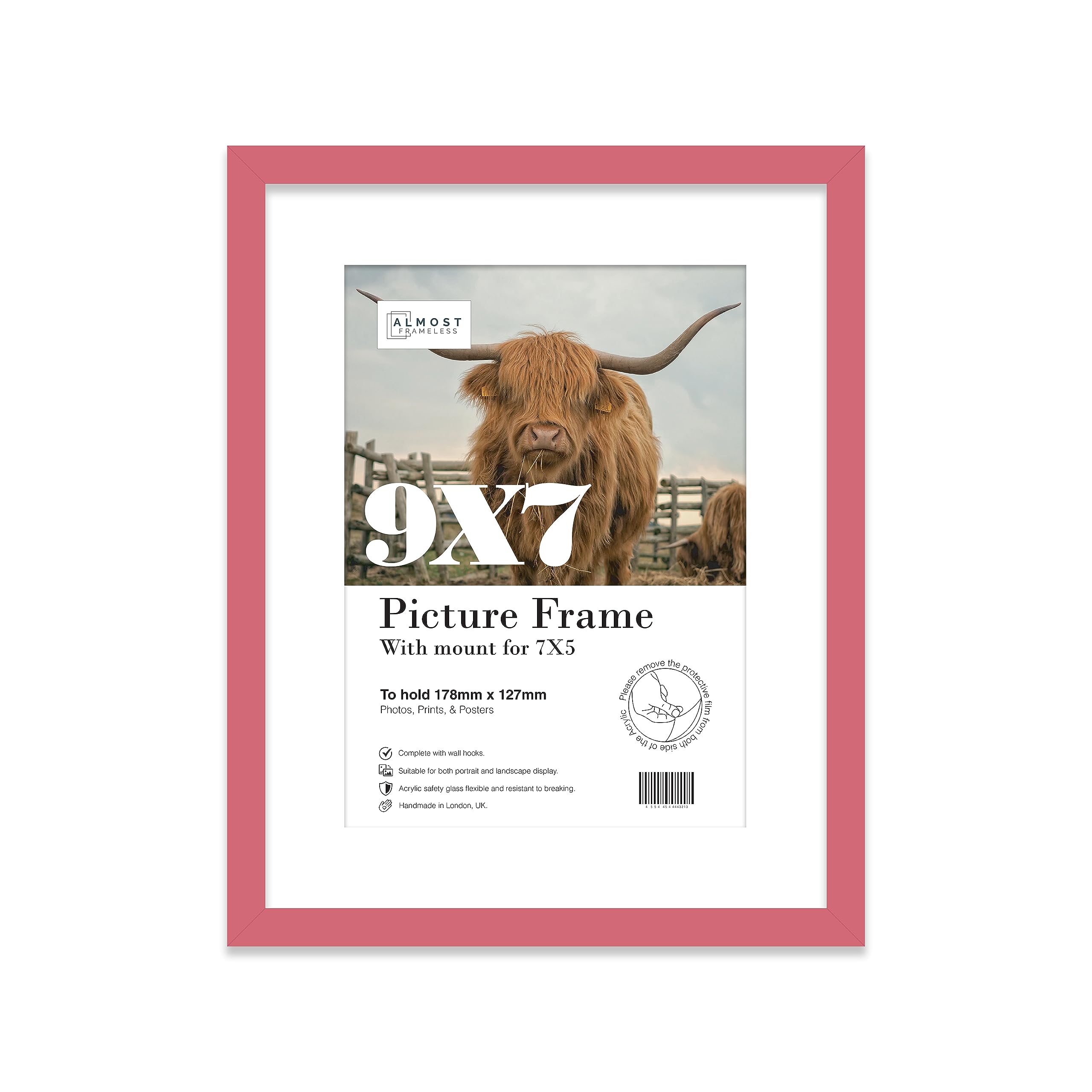 Almost Frameless 9x7 Pink Picture Frame With Mount for 7x5 Print, Poster or Photo Poster, Photo, Artwork, or Print. Thin Edge Slim Frame Portrait and Landscape Display with Wall Hooks