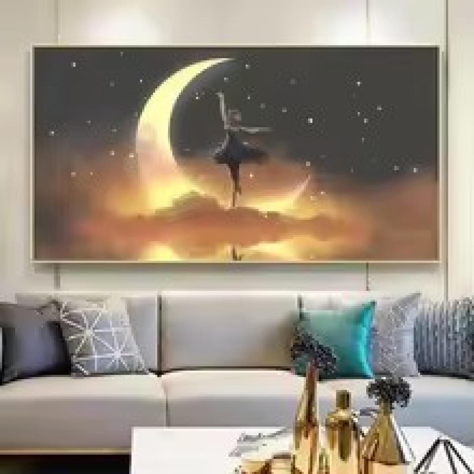 XBTYKPB Cuadro en lienzo con impresión de mujer bailando ballet de fantasía, arte de pared de bailarina bajo la luz de la luna, para decoración de dormitorio y sala de estar, 60 x 120 cm con marco