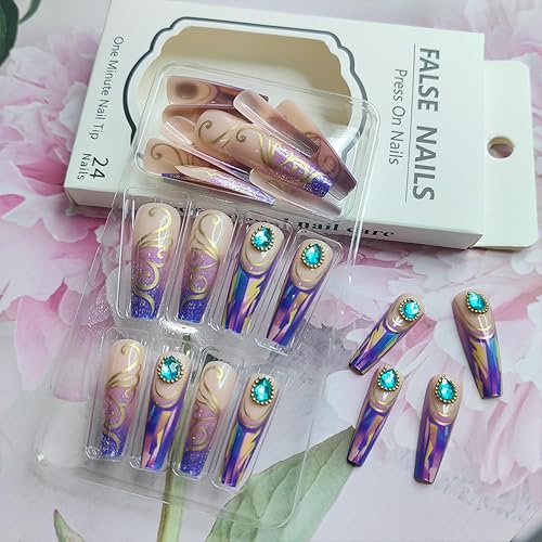 Miniatura 10 de Uñas postizas a presión con punta francesa, largas y cuadradas, con dijes de mariposa y diamantes de imitación, cobertura completa, uñas adhesivas