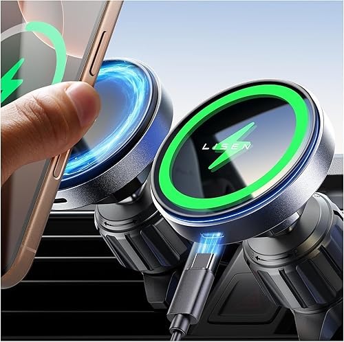 LISEN Cargador de coche Magsafe 20 imanes más fuertes Soporte de cargador inalámbrico manos libres para iPhone, soporte magnético universal de