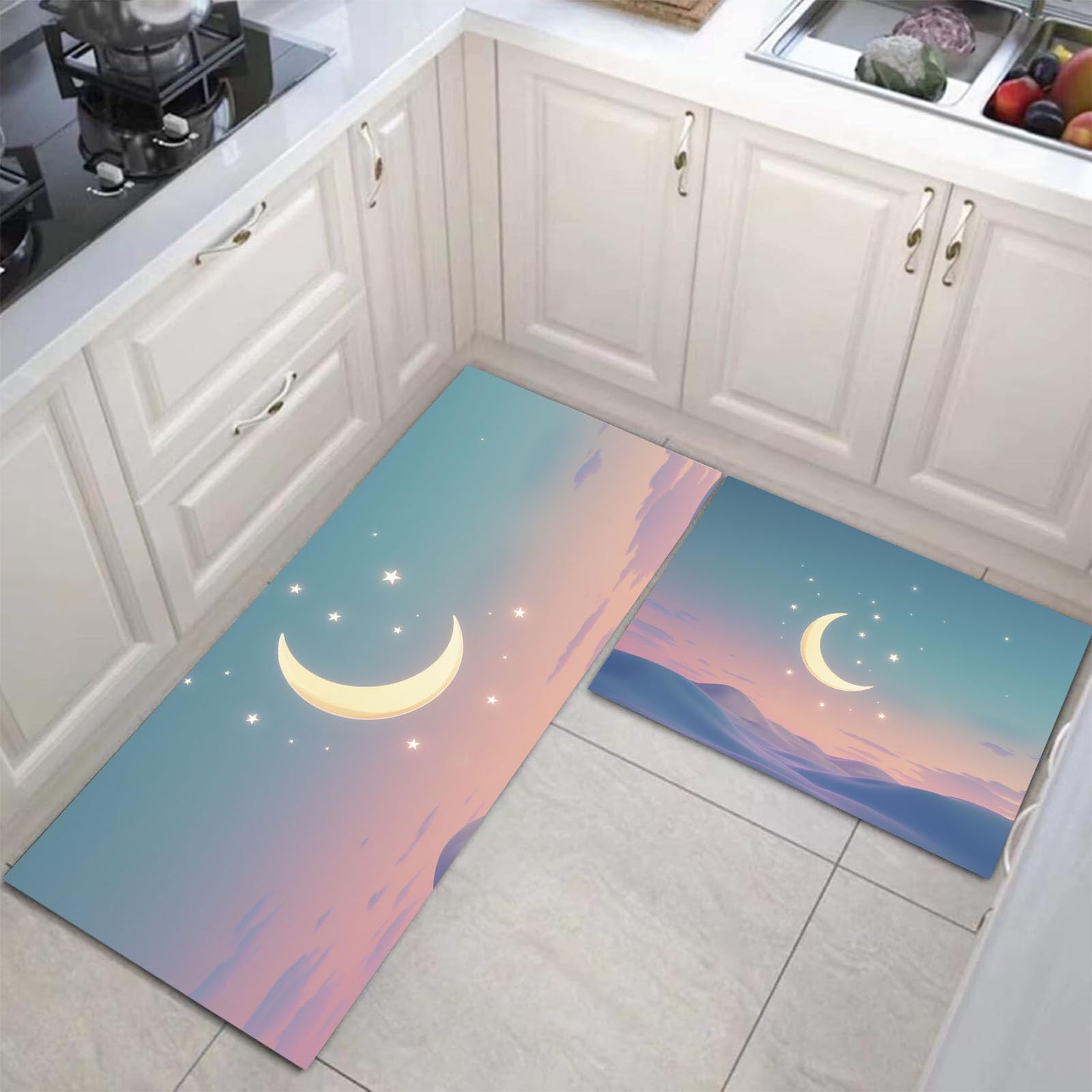 Alfombras de cocina minimalistas en azul y rosa para decorar tu lavandería y hogar