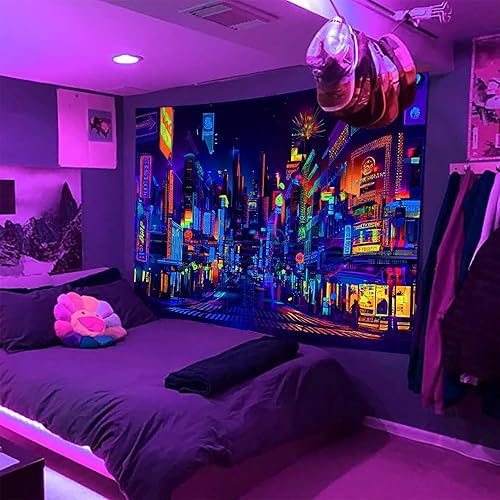 Miniatura 5 de Bzhilja Tapiz de anime japonés con luz negra, tapiz de pared punk reactivo a los rayos UV, valla publicitaria japonesa de Tokio District City 80S