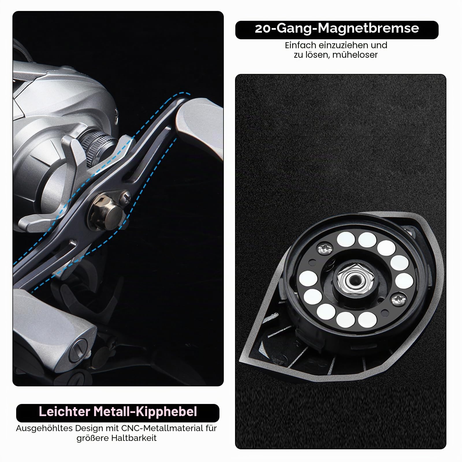 Baitcast Rolle Angelrolle Linkshänder 7.2:1, Leichte Baitcaster Rolle mit Magnetbremse 20 Stufen, 10kg Zugkraft, Aluminium Spule für Süßwasser und Meeres