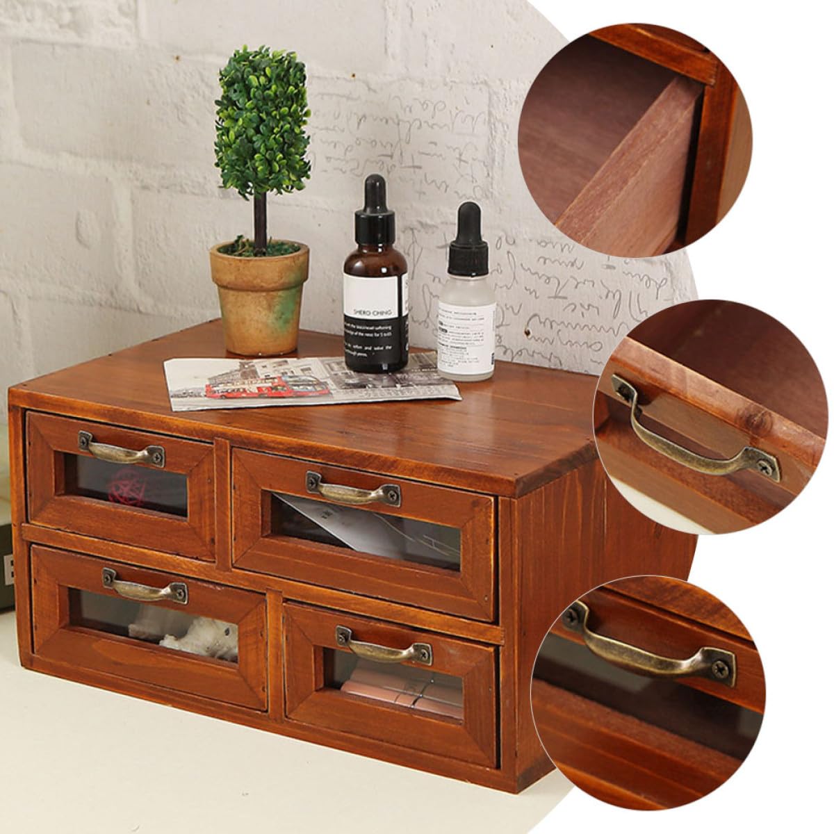 Cassettiera da Scrivania in Legno con 4 Cassetti Doppio Strato, Organizer Vintage per Ufficio e Casa con Protezione Dalla Polvere e Capacità a 4 Scomparti