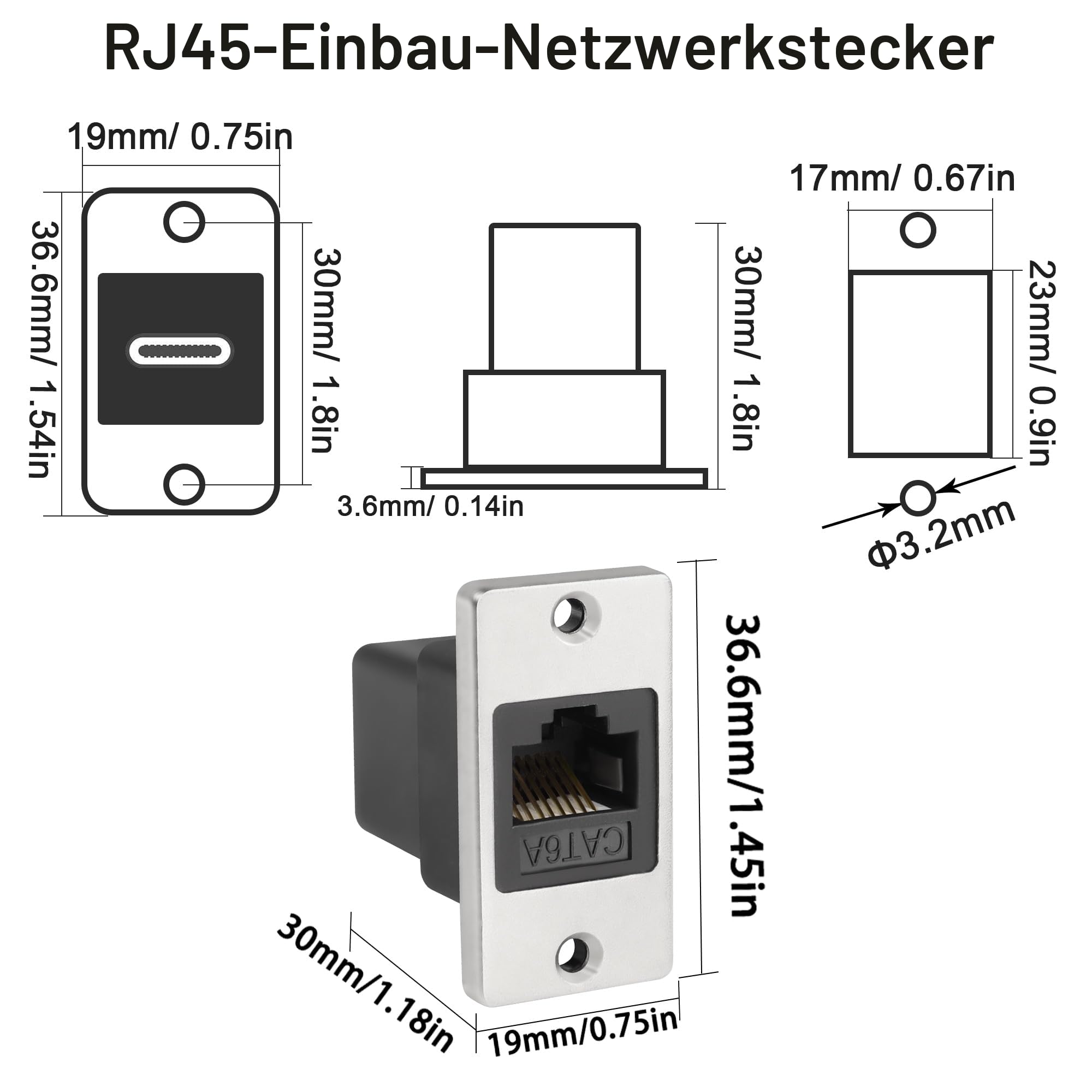 QIANRENON RJ45 Rechteckiges Netzwerkpaneel Adapter Cat6A Buchse auf Ethernet-Buchse Montageschirmte Steckdose, für Desktop-Geräte Wände