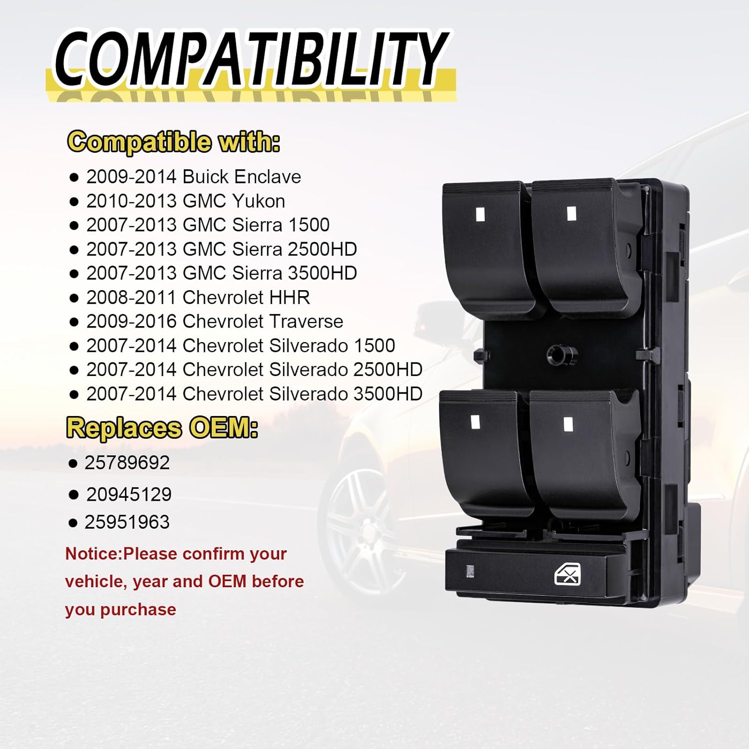Vurkcy Power Master Window Control Switch Driver Side Compatible with 2007-2013 Chevy Silverado/Chevrolet Traverse/HHR/GMC Sierra/Yukon/Buick Enclave Replace OE 20945129 25789692