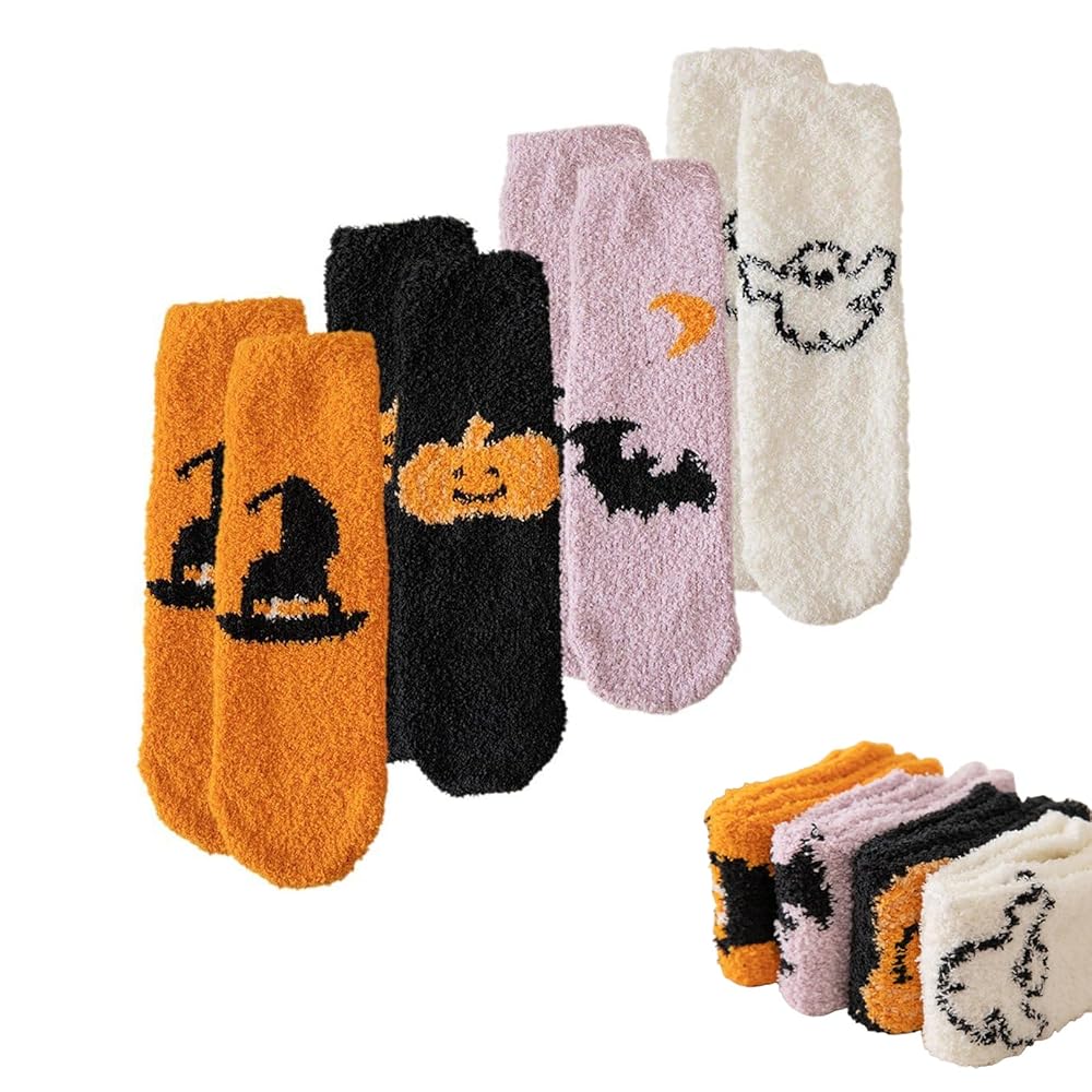 4 Paar Halloween Flausch Socken - Ultra Kuschelige Winterschlafsocken Mit Grusel-Motiven Für Damen