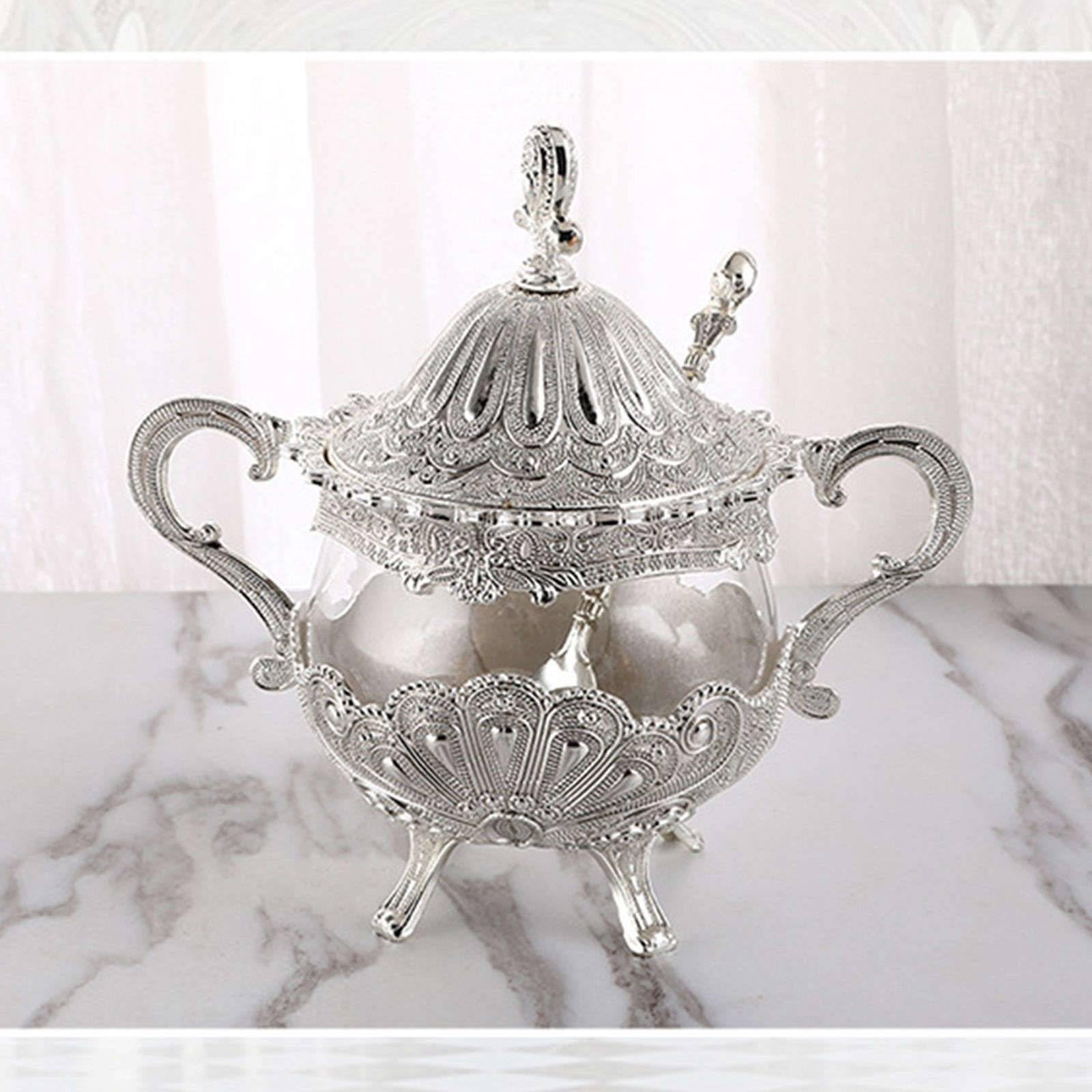 Zuckerdose aus Keramikporzellan mit Deckel und Löffel, Gewürzdose aus Metallreliefglas, Süßigkeitenhalter, Dekoschale aus Metall -Silber-