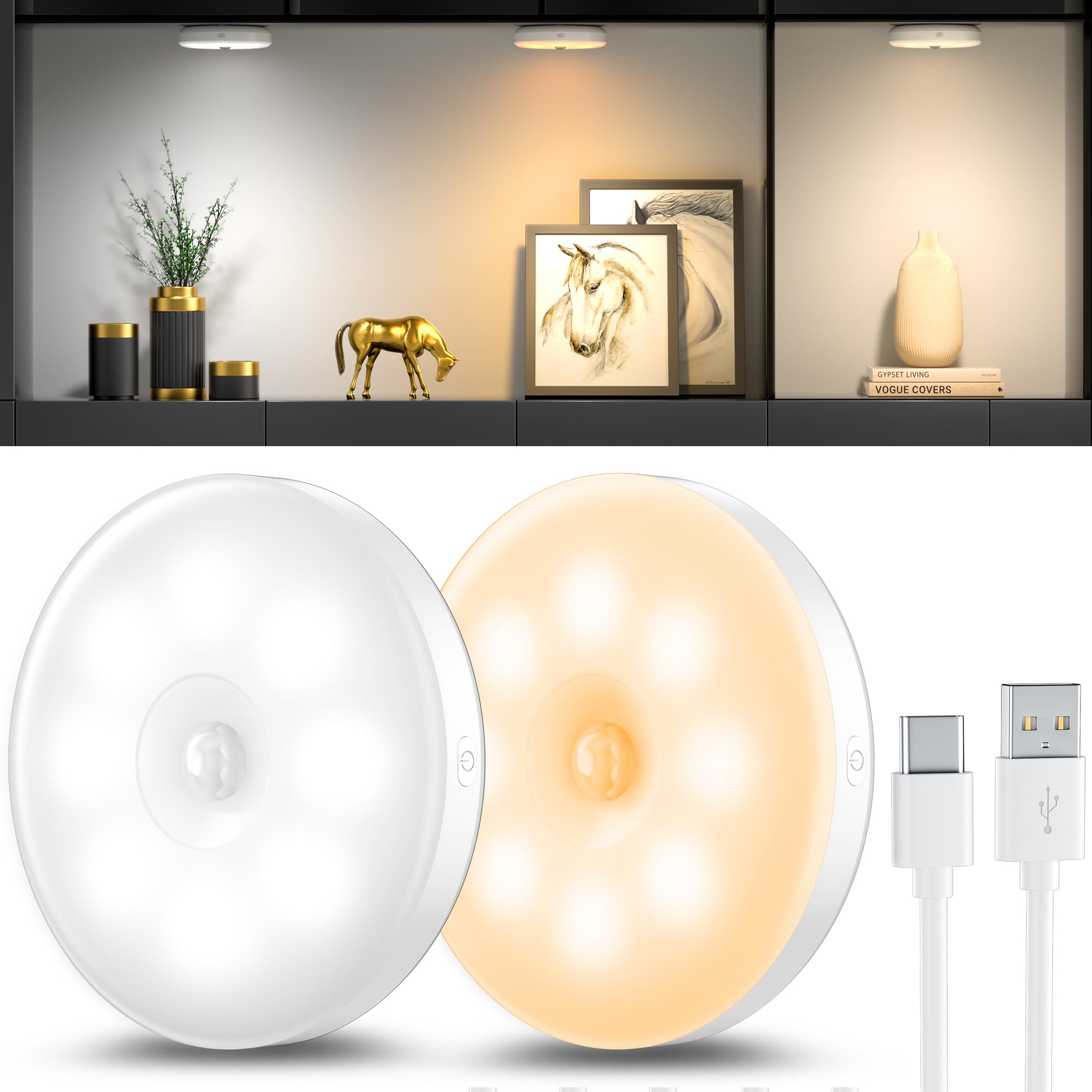 KAKET Lampe LED Sans Fil à Détection de Mouvement Rechargeable Type C - Éclairage de Nuit pour Placard, Escalier, Cuisine | Leroy Merlin