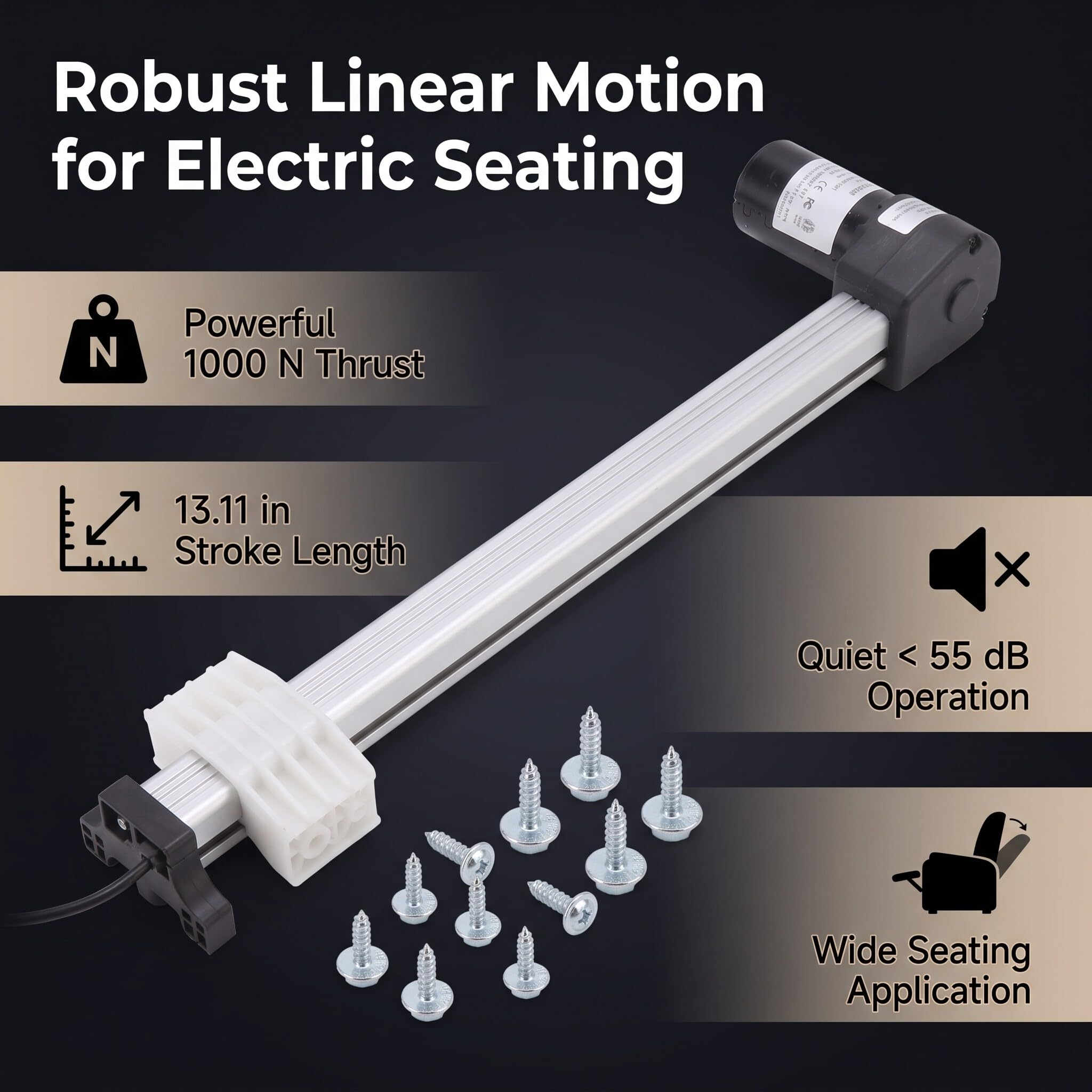 Rengue Actuador de Motor para sofá Reclinable Eléctrico, de 333 Mm, Empuje de 1000 N, Protección IPX4, CC 29 V, Funcionamiento Silencioso por Debajo de 55 DB, para Sofás Eléctricos,