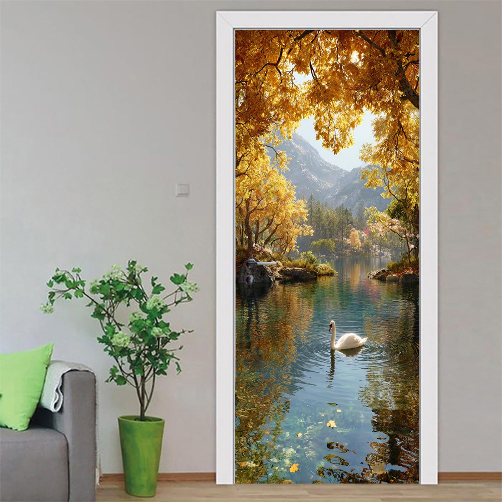 Stickers porte arbre d'or et cygne 2x38.5x200cm papier peint de placard