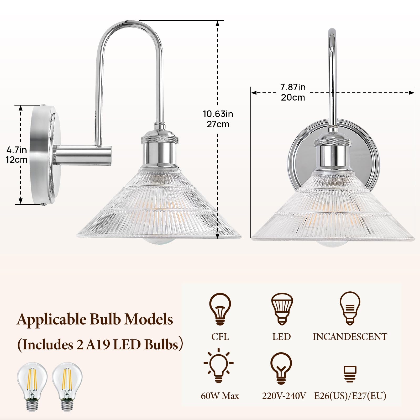 Applique a Parete Set di 2, Lampada Vintage Cromo con Paralume Rotondo in Vetro Trasparente, Plafoniera da Incasso per Camera, Bagno, Soggiorno | Include 2 Lampadine LED