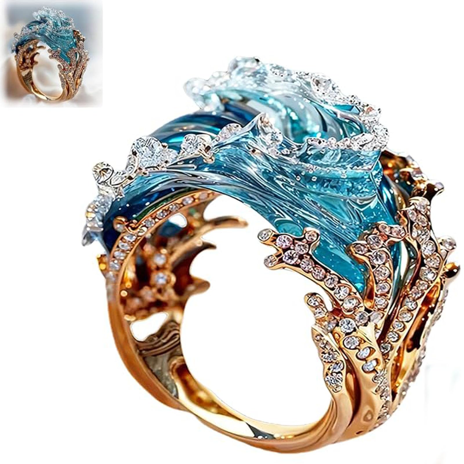 GenericOcean's Oath Jewelry Set, Ocean Wave Necklace Earrings Ring Jewelry Set, Adjustable Blue Cubic Zirconia Ocean Wave Earrings, Inspirational Friendship Ocean Jewelry Gift for Women