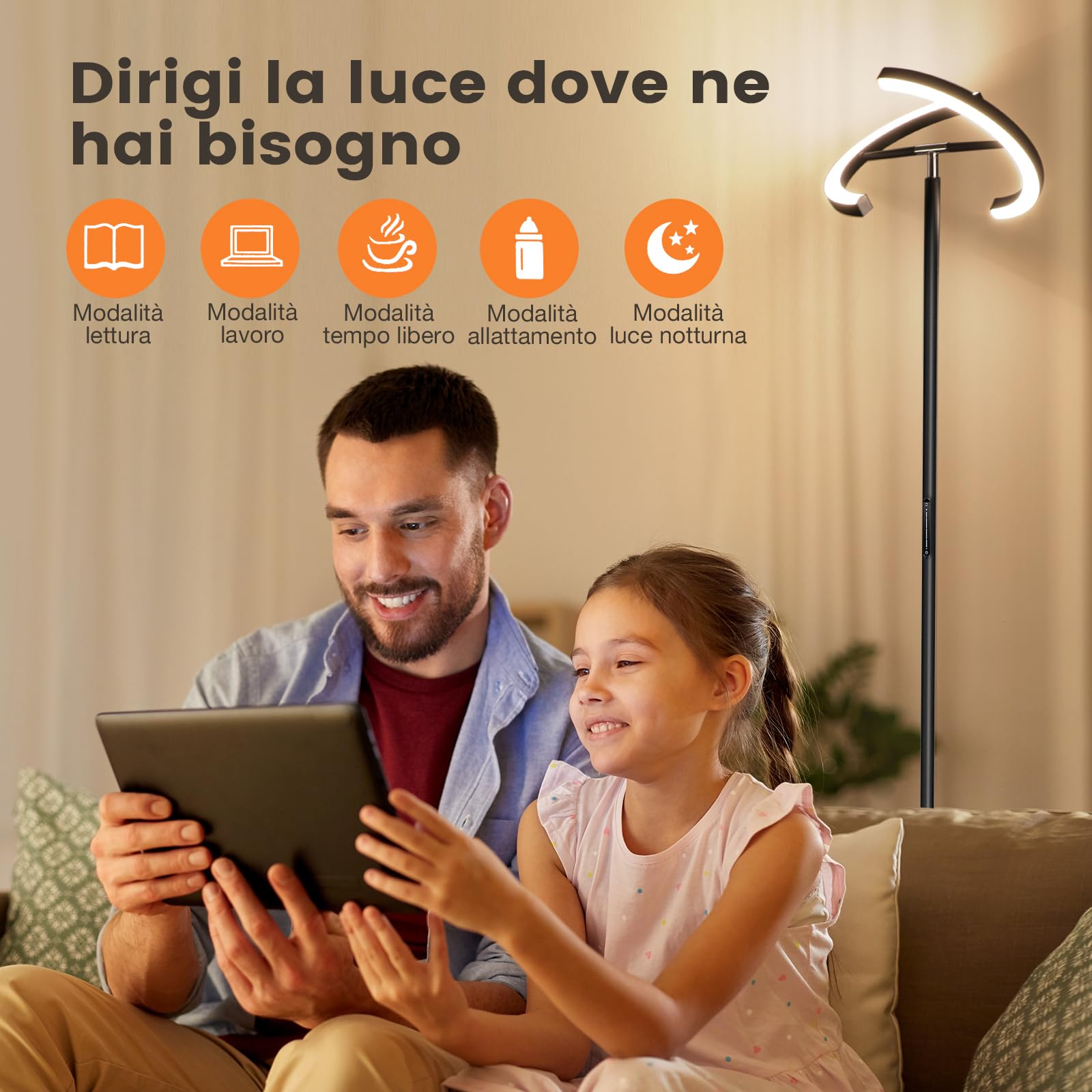 SIBRILLE Lampade da Terra Dimmerabile, Piantana Lampada da Terra 20W 3000K-6000K, Lampada Salotto da Terra 4 Temperature di Colore e Oscuramento Continuo, Piantana con Telecomando e Controllo Tattile