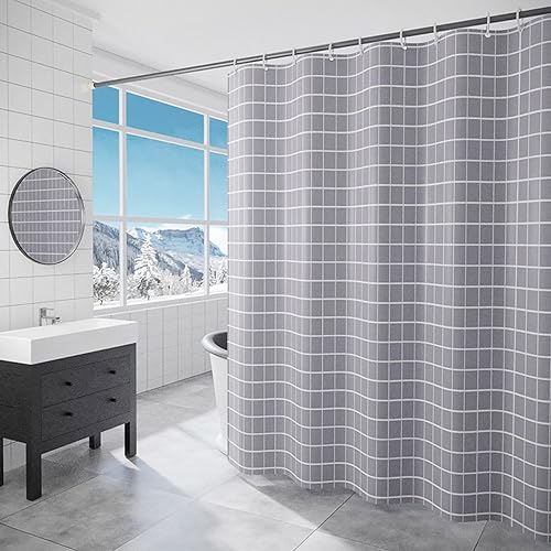 Cortinas de ducha para baño, de tela de poliéster, con peso, impermeable, lavable, color gris, juego de cortinas de ducha con ojales y 12 ganchos,