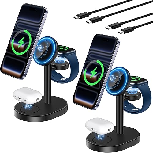 Paquete de 2 estaciones de carga inalámbricas Hevanto 2025 3 en 1 para cargador Apple MagSafe, soporte de cargador magnético rápido de 15 W para