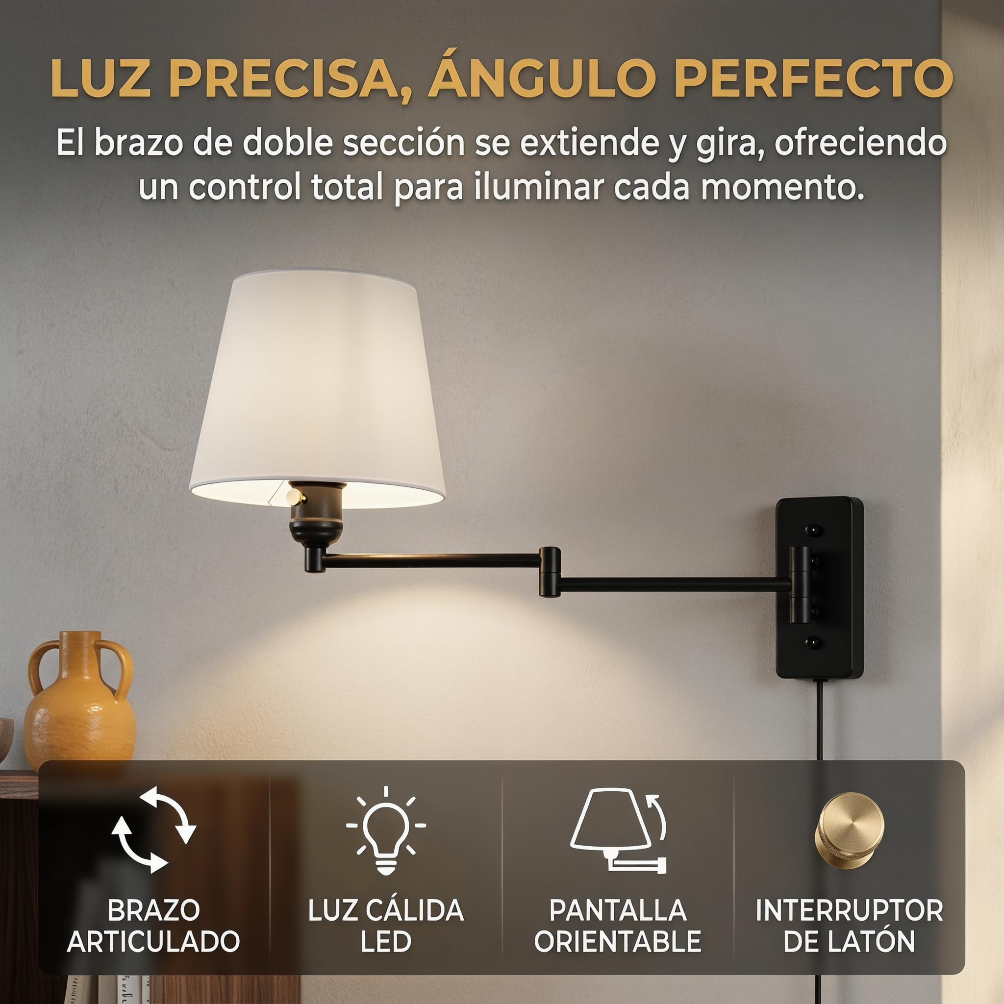 B·LED BARCELONA LED BarcelonaLED Wandleuchte mit Gelenkarm, nordisches Schwarz, modern, mit Steckerkabel und Schalter, Stoffschirm, weiß, E27-Fassung für Lesen Schlafzimmer Nachttisch Hotel