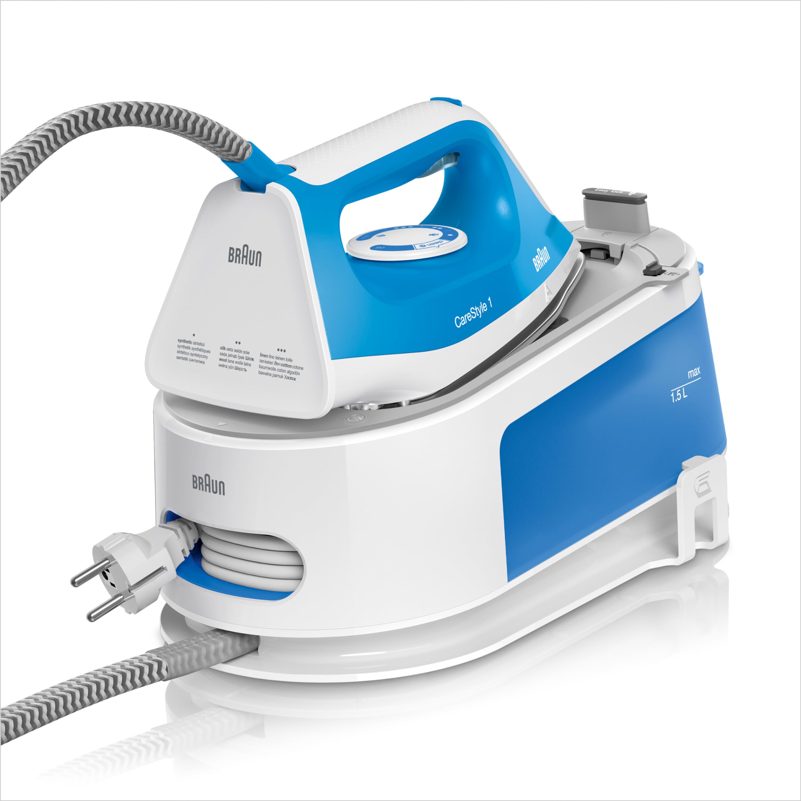 Braun CareStyle 1 IS1012BL Dampfbügeleisen, Dampfdruck 110 g/min, Dampfstoß 340 g/min, SuperCeramic-Sohle mit FreeGlide 3D, Wassertank 1,5 l, Leistung 2400W, Druck 5,5 Bar, Blau