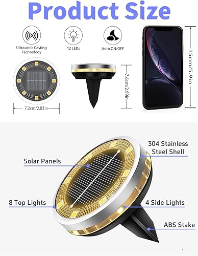 Miniatura 5 de Luces solares de suelo para exteriores, paquete de 12 unidades, impermeables, luces solares mejoradas para jardín con 4 luces laterales, luz de