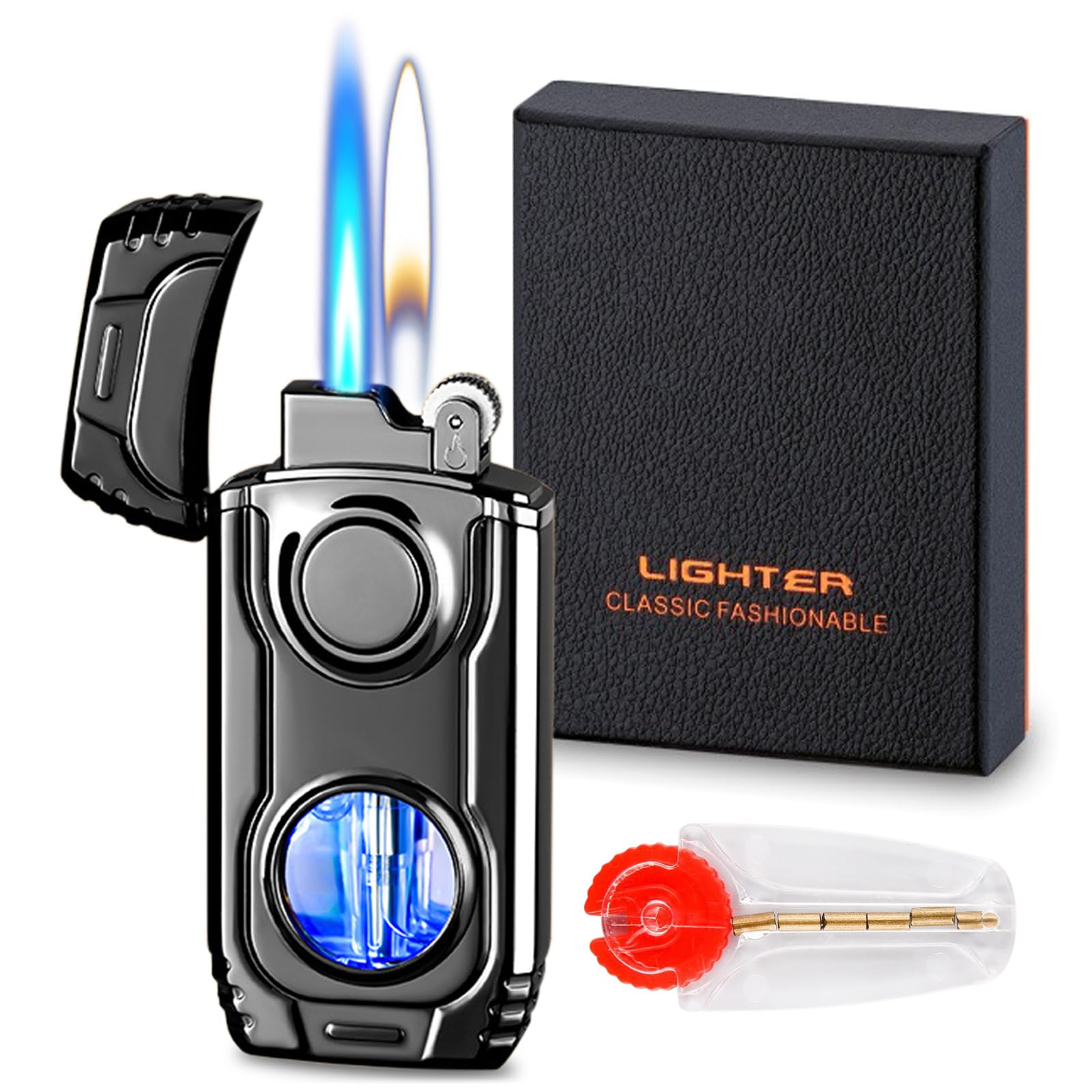 Torch Lighter, Cool Mecha Design Dual Flame Lighter, Refillable Butane Lighter with Visible Gas Window, Windproof Adjustable Jet Flame and Soft Flame,