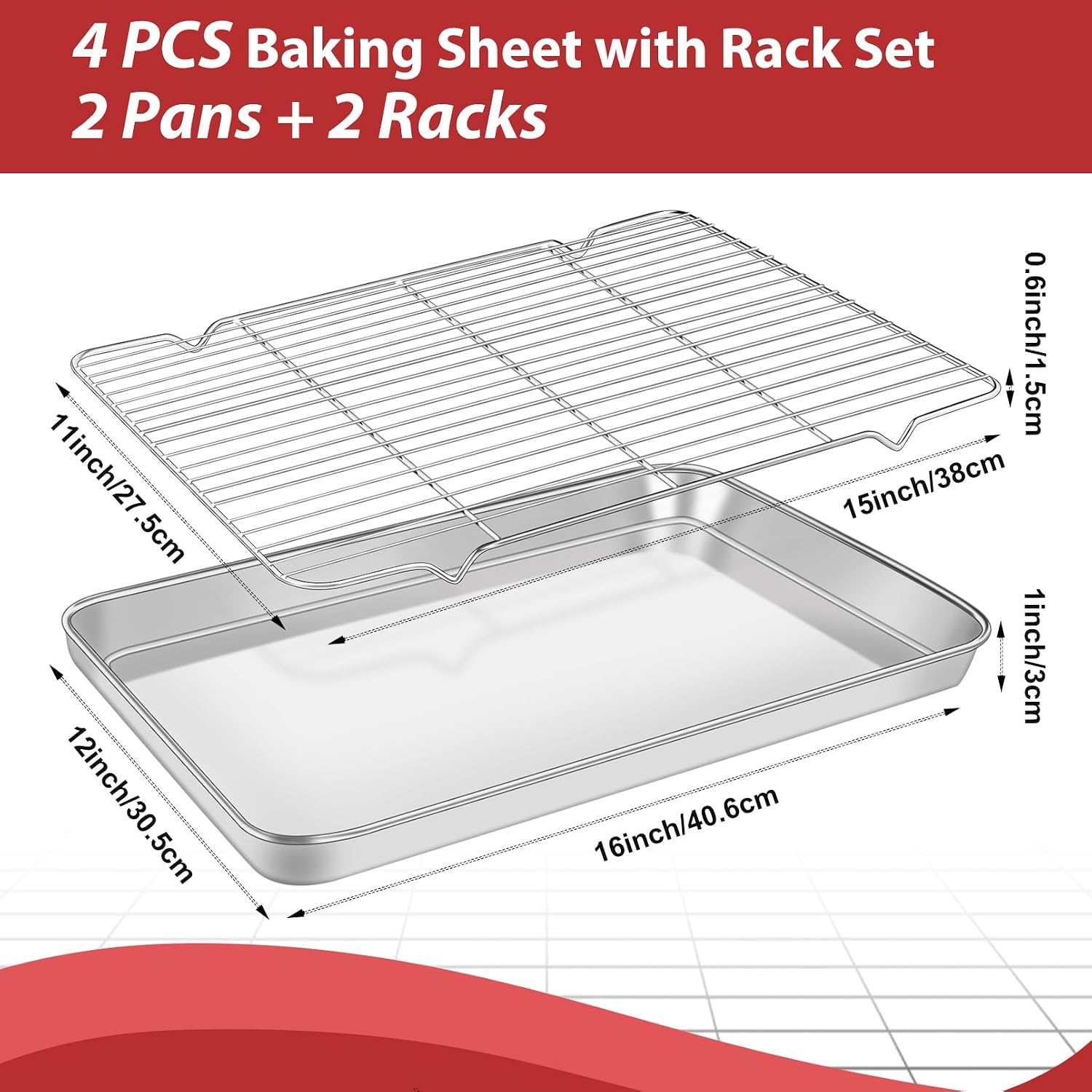 Baking Sheet with Rack Set, 12 x 16 x 1 Inch, Stainless Steel | 2 Pans and 2 Racks, Heavy Duty Cookie Sheet with Wire Cooling Rack for Oven and Dishwasher Safe