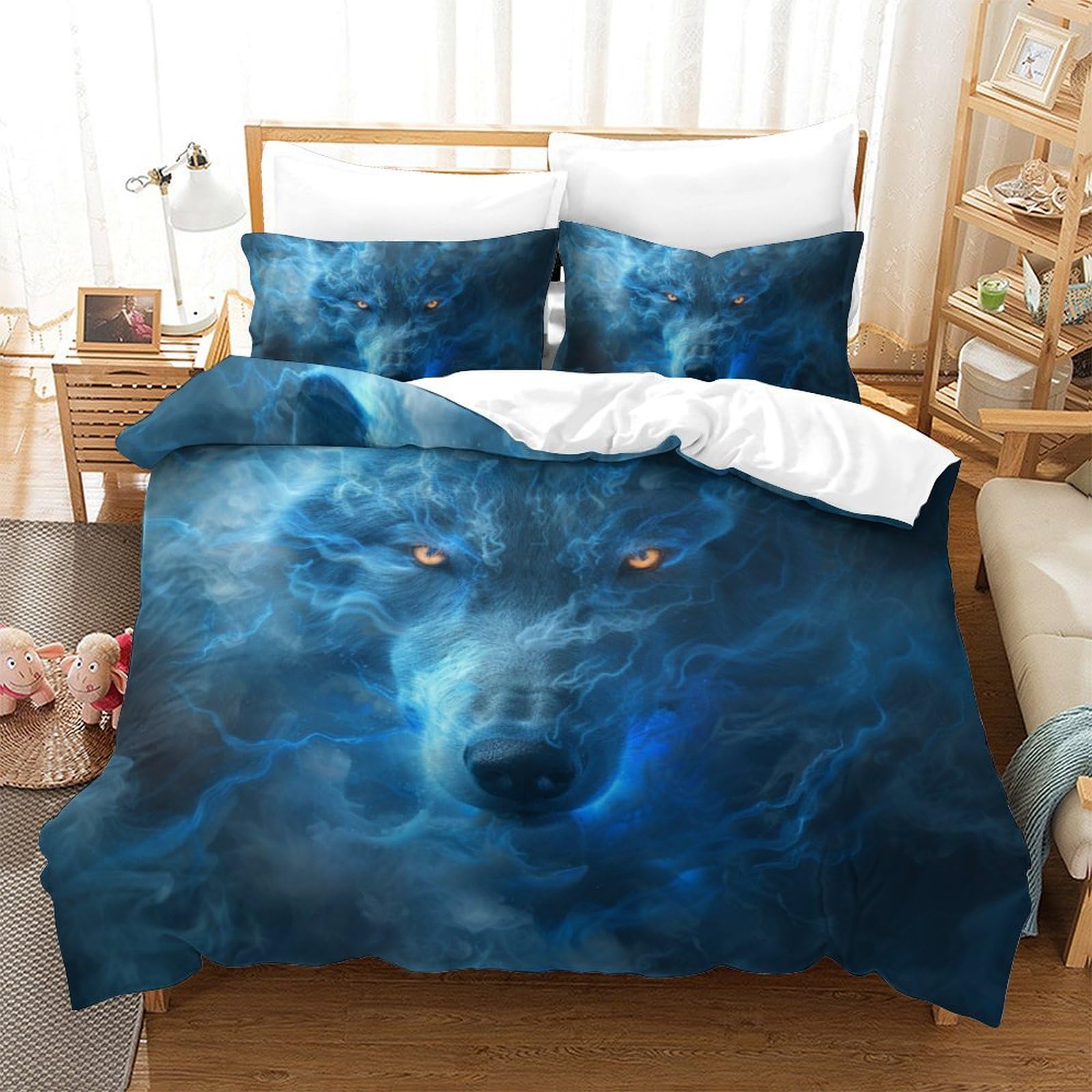 Parure de lit loup 3D en microfibre avec housse de couette 200x200 et 2 taies d'oreiller