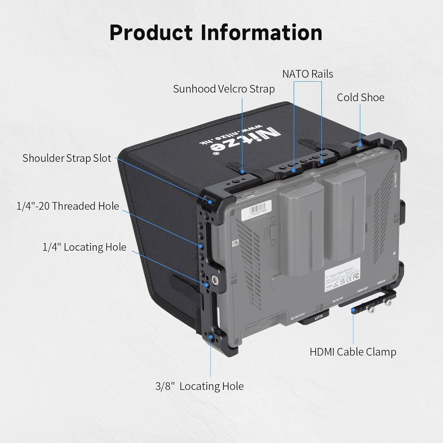 Nitze LUT7 Cage for Feelworld LUT7/ LUT7 PRO/ LUT7S/ LUT7S PRO Monitor with Sunhood, HDMI Cable Clamp, Built-in NATO Rails and Cold Shoe - JTP2-LUT7S
