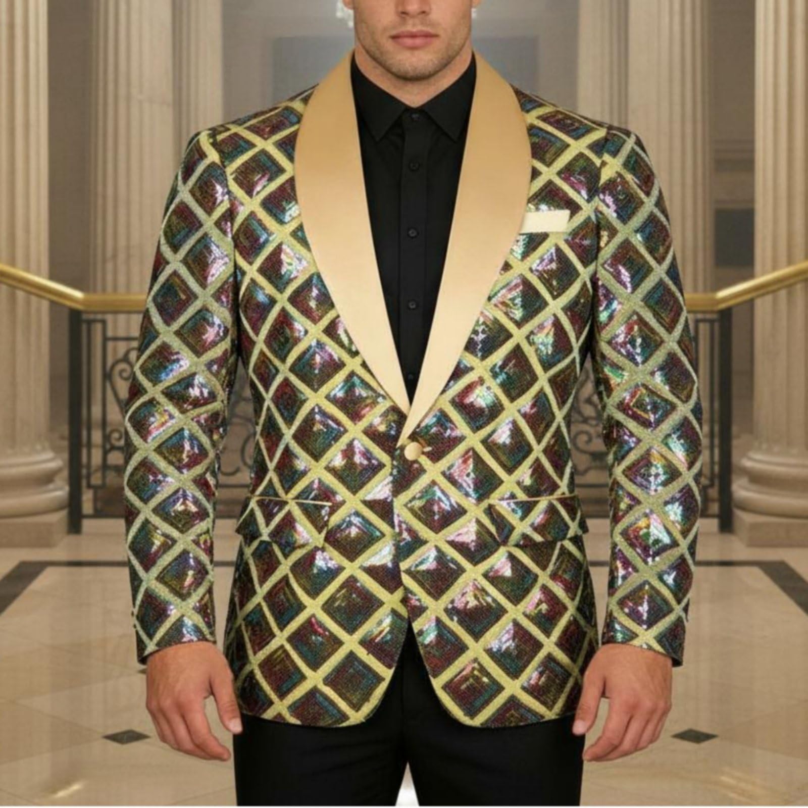 Giacca da Uomo con Paillettes Design Elegante Jacket Paillettes Monopetto Giacca Dinner Jacket Brillante per Artisti, Presentatori, Palcoscenico, Oro, S