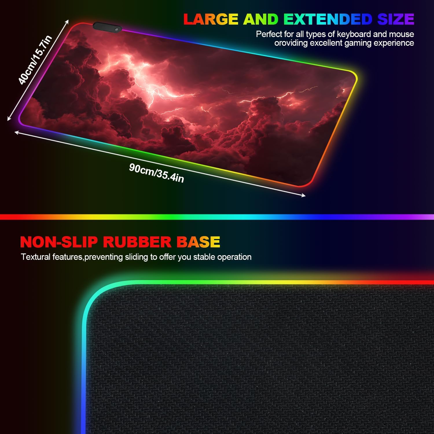 35.4 x 15.7 Inch RGB Gaming Mouse Pad – Red Lightning LED Backlit Desk Mat, Extended Size with Customizable RGB Lighting, Non-Slip Base for Gaming & Office Use