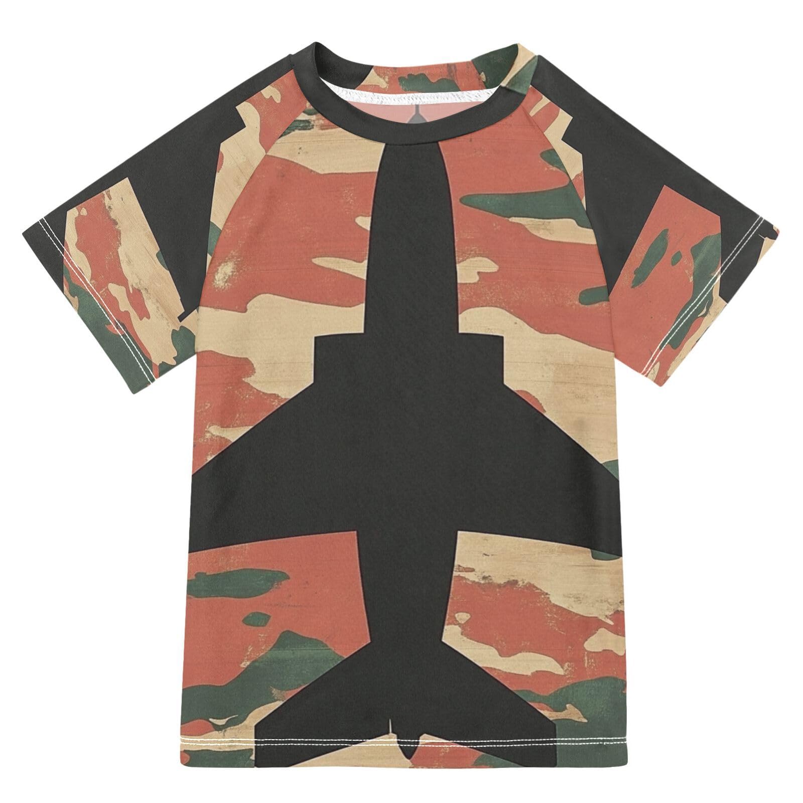 Jucciaco Boys Swimsuit Airplane Camo Fighter Retro Sunscreen Kids Sun Rashguard Short Sleeve T-Shirts Swimwear Sets UPF 50+
