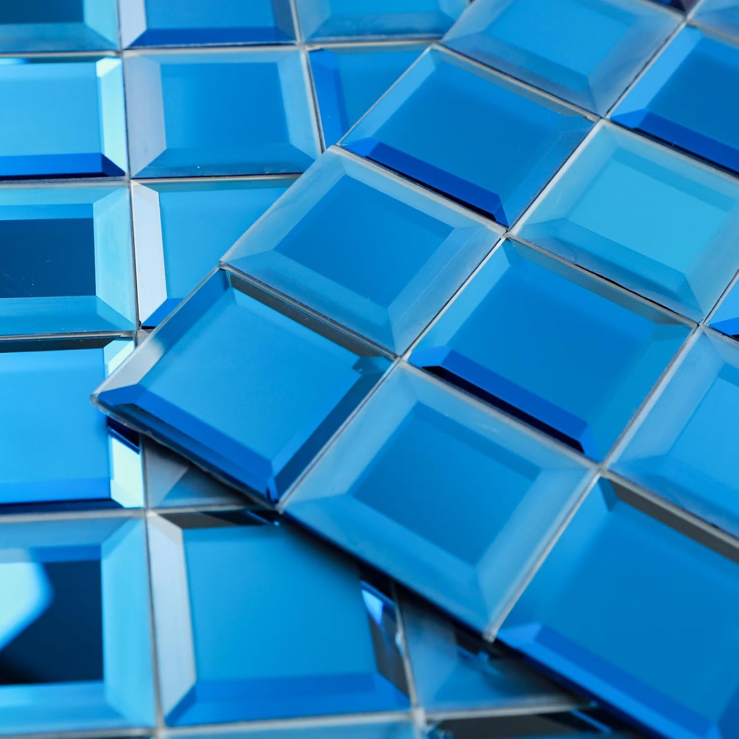 Blue Peel and Stick Mirror Backsplsh, Self Adhesive Reflection Glass Mirror Beveled Tiles Stick on Accent Wall Border Kitchen Bathroom Wall (5 Pieces)