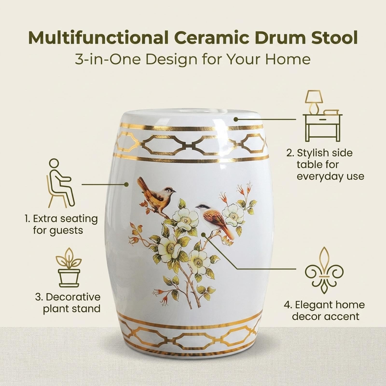 Sgabello da Giardino in Ceramica,Sgabello a Tamburo in Ceramica Smaltata | Piedini Antiscivolo,Superficie Superiore Piatta e Stabile,per Soggiorni Camere da Letto Cortili.